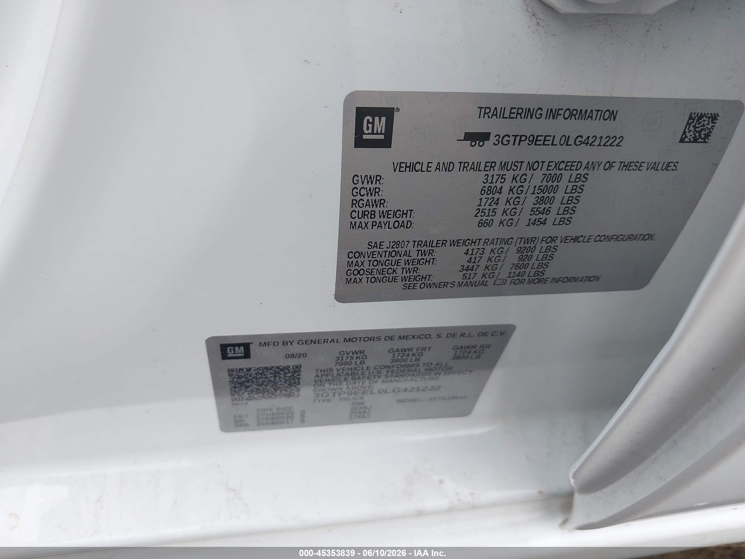 2020 Gmc Sierra 1500 White vin: 3GTP9EEL0LG421222