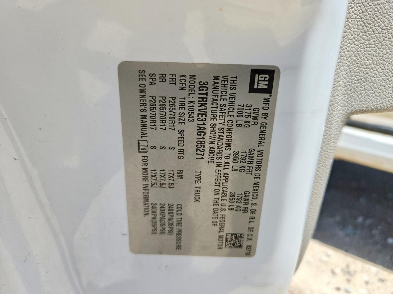 2010 Gmc Sierra K1500 Sle White vin: 3GTRKVE31AG185271