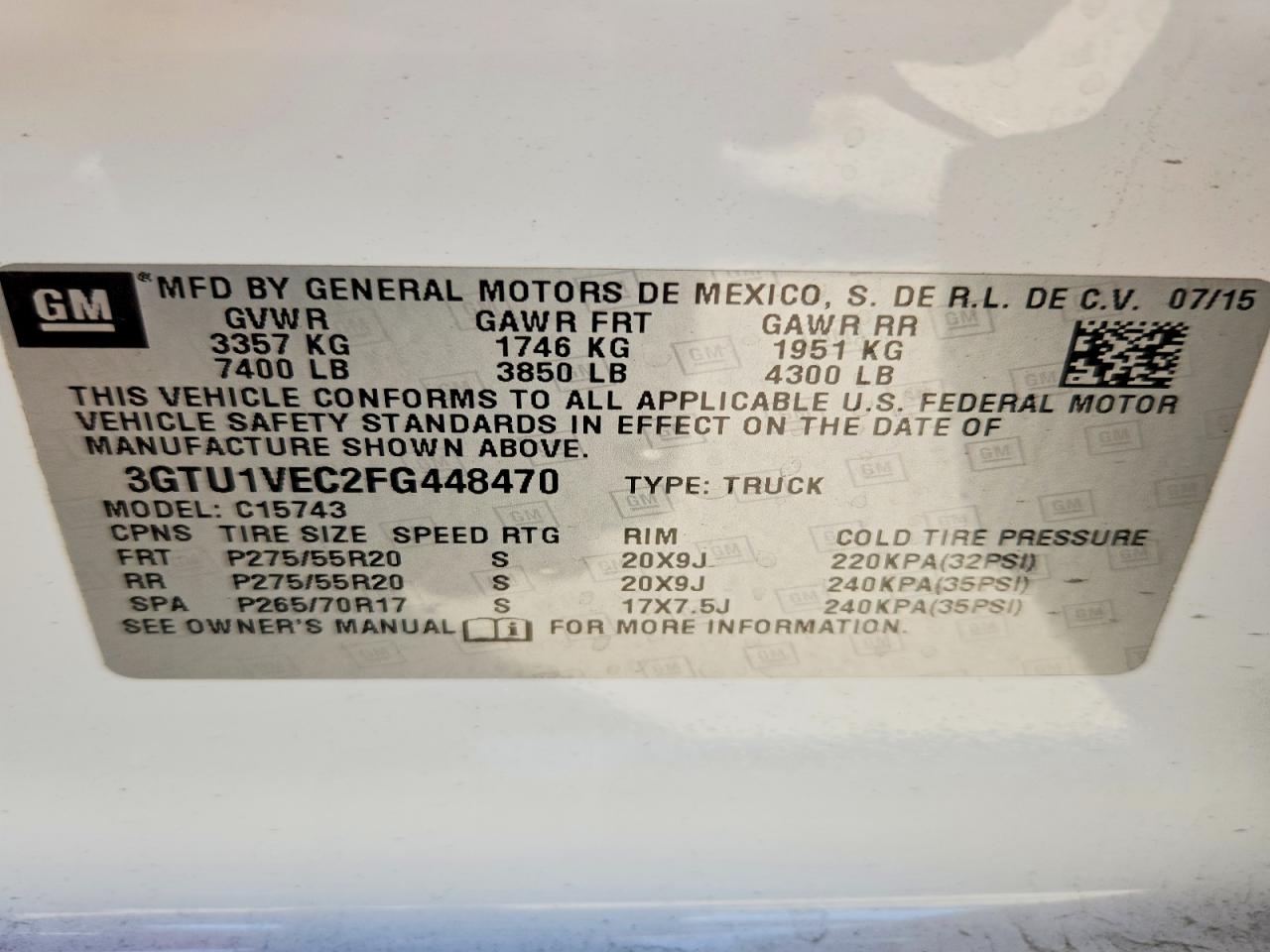 2015 Gmc Sierra C1500 Slt White vin: 3GTU1VEC2FG448470