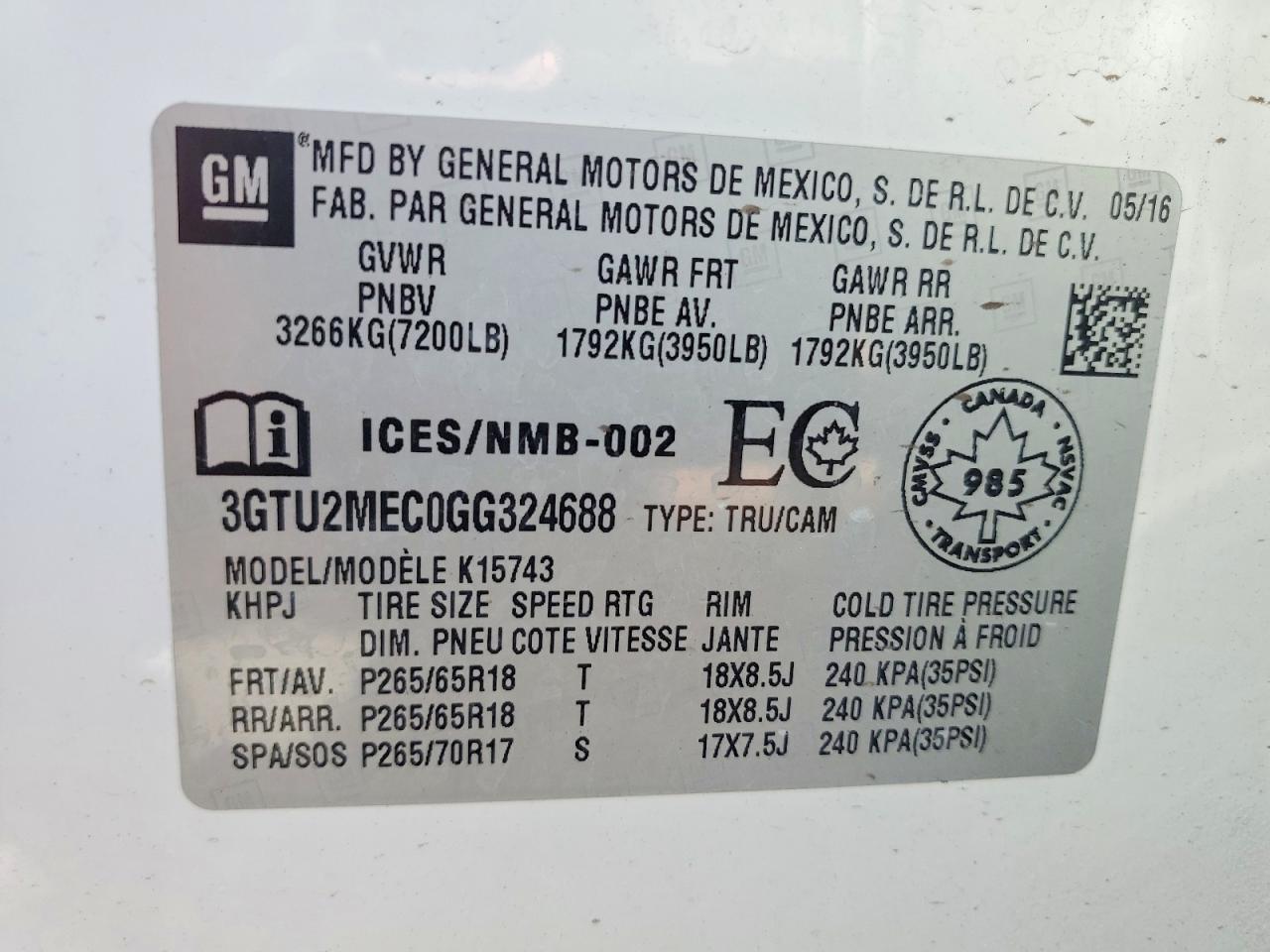 2016 Gmc Sierra K1500 Sle White vin: 3GTU2MEC0GG324688