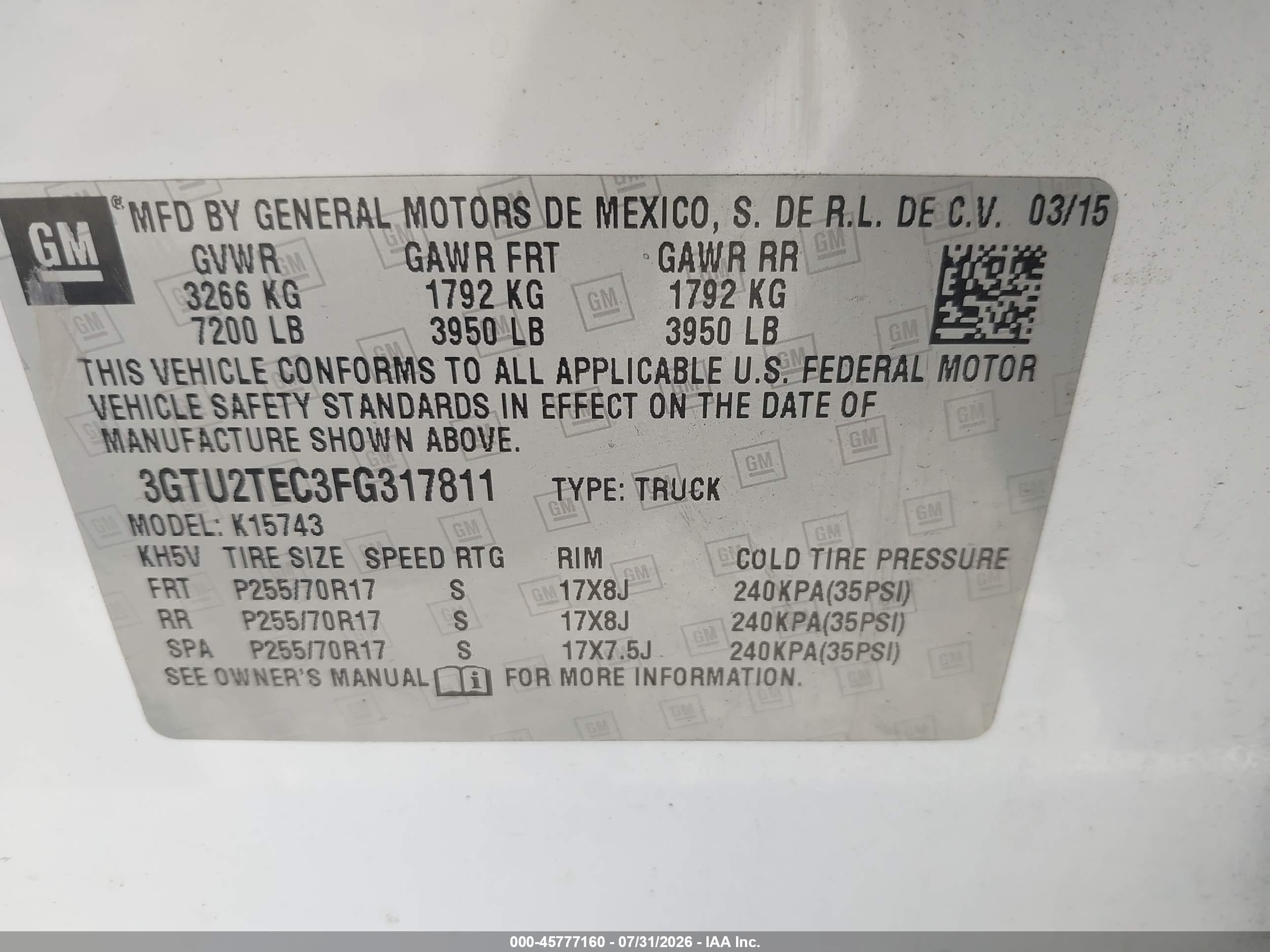 2015 Gmc Sierra 1500   White vin: 3GTU2TEC3FG317811