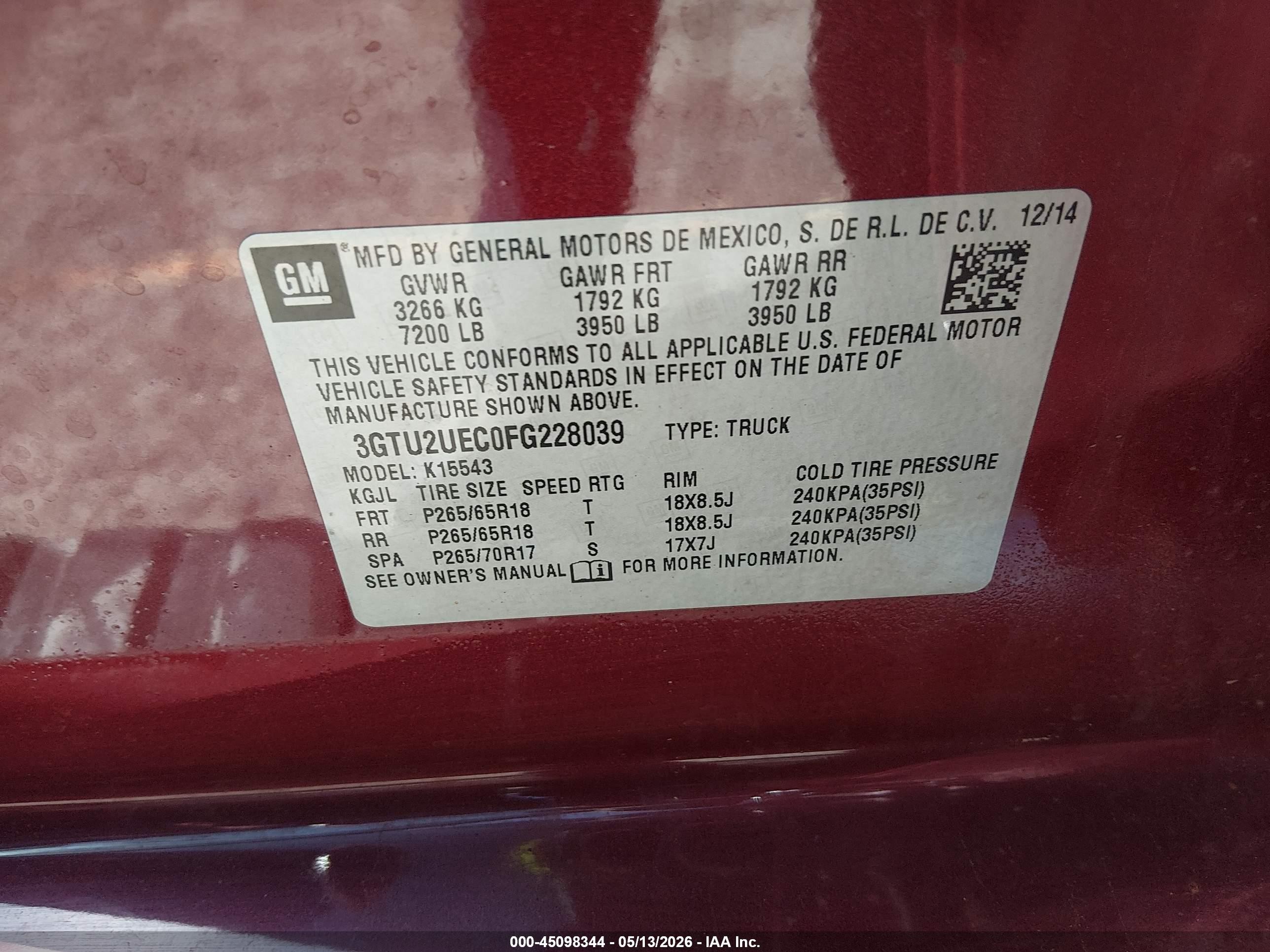 2015 Gmc Sierra 1500 Sle Red vin: 3GTU2UEC0FG228039