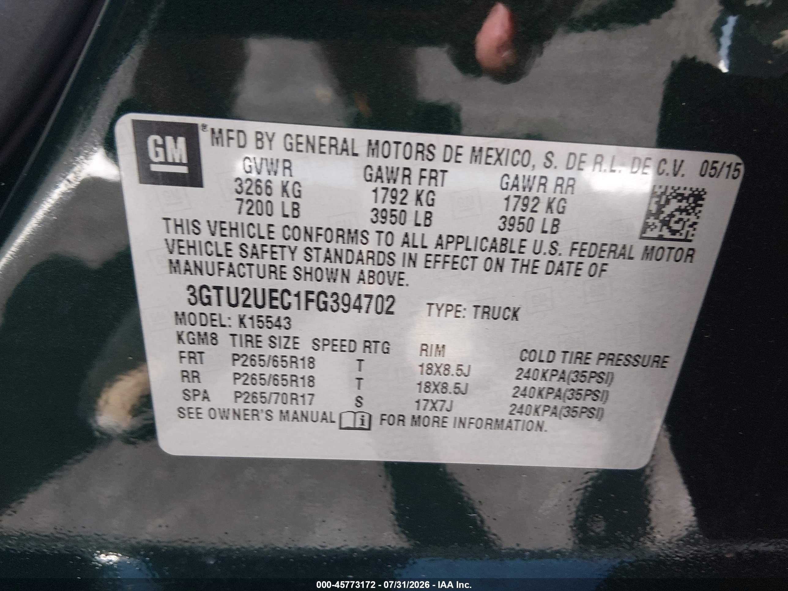 2015 Gmc Sierra 1500 Sle Green vin: 3GTU2UEC1FG394702