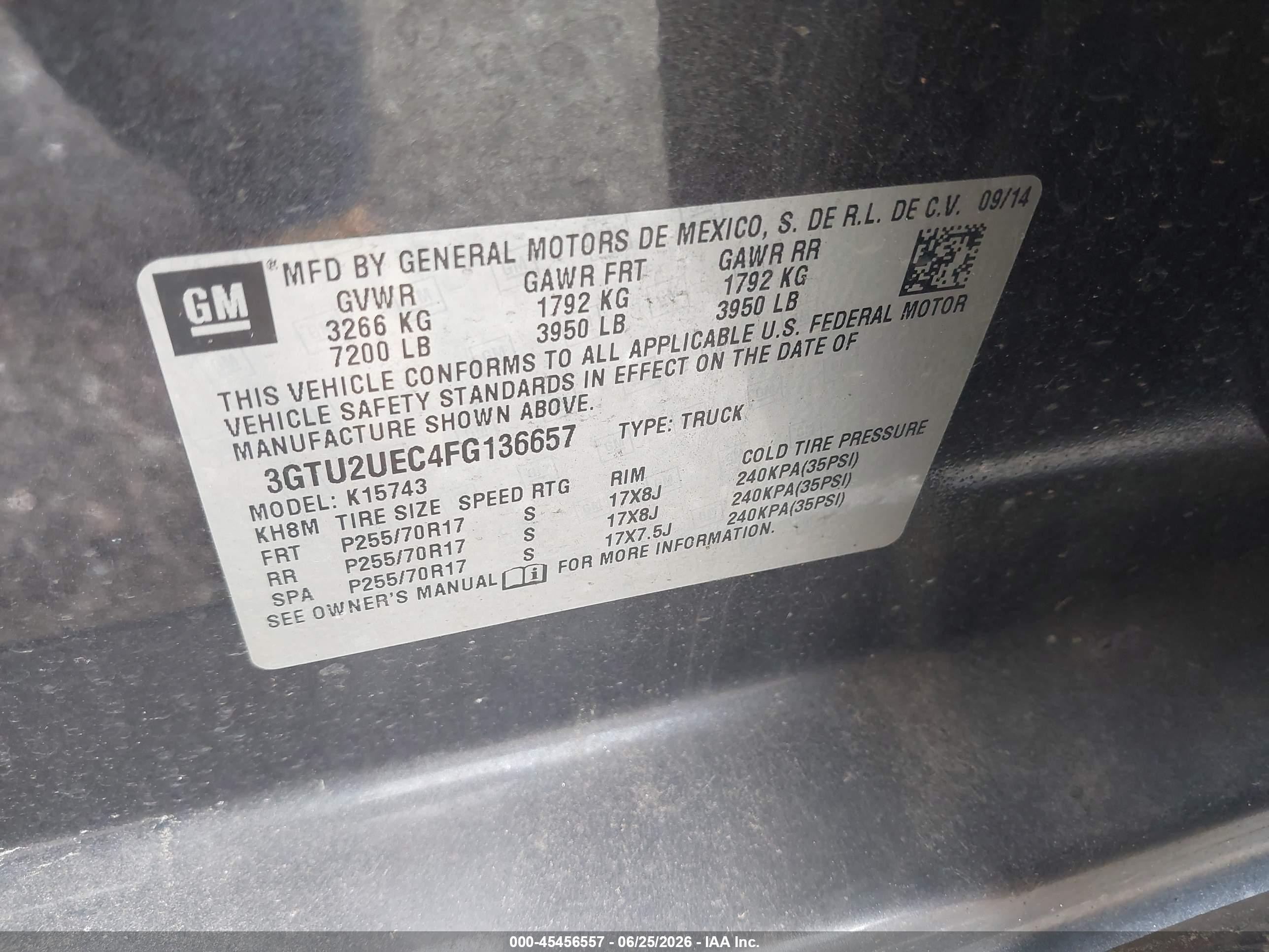 2015 Gmc Sierra 1500 Sle Pewter vin: 3GTU2UEC4FG136657