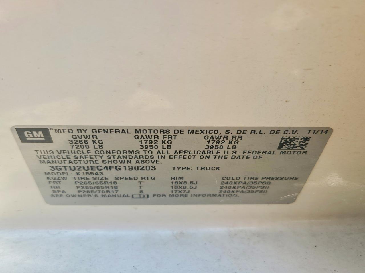 2015 Gmc Sierra K1500 Sle White vin: 3GTU2UEC4FG190203