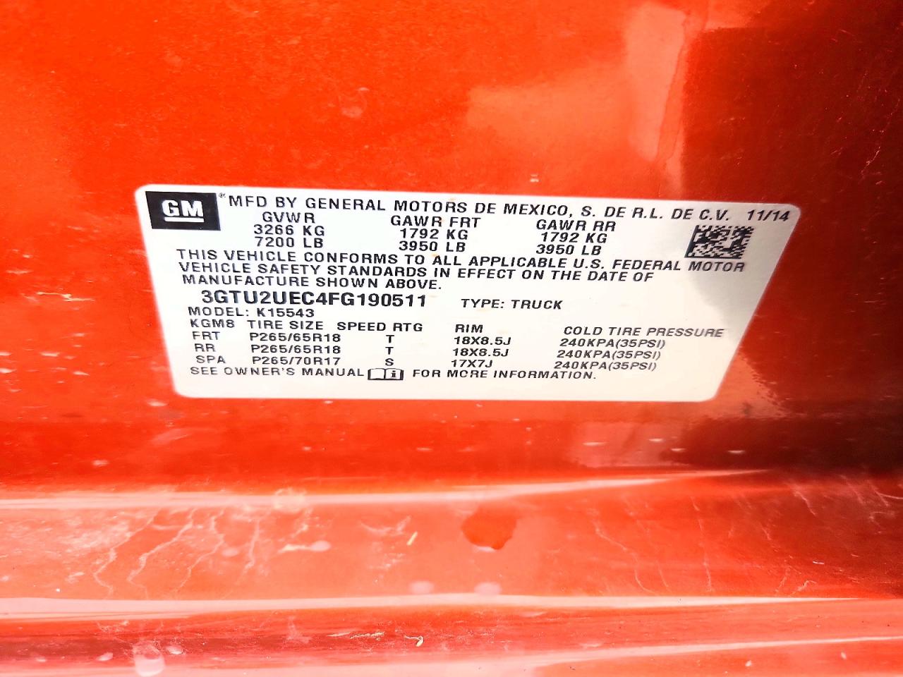 2015 Gmc Sierra K1500 Sle Orange vin: 3GTU2UEC4FG190511