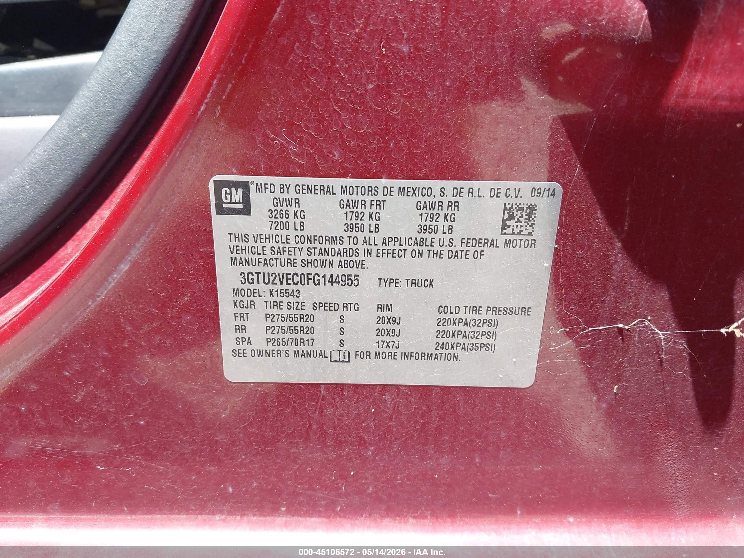 2015 Gmc Sierra 1500 Slt Maroon vin: 3GTU2VEC0FG144955