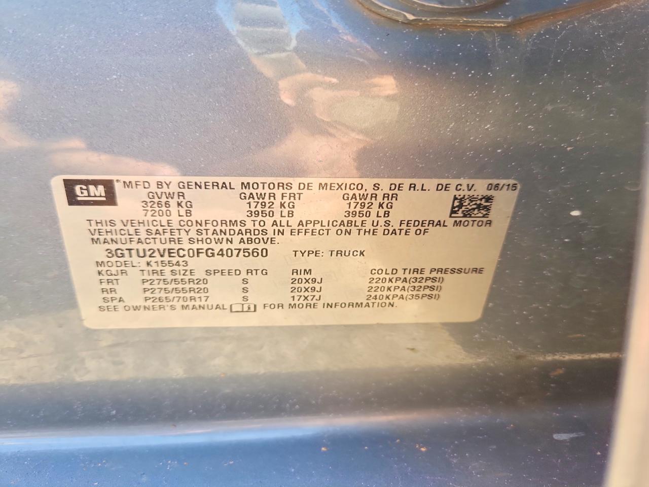 2015 Gmc Sierra K1500 Slt Blue vin: 3GTU2VEC0FG407560