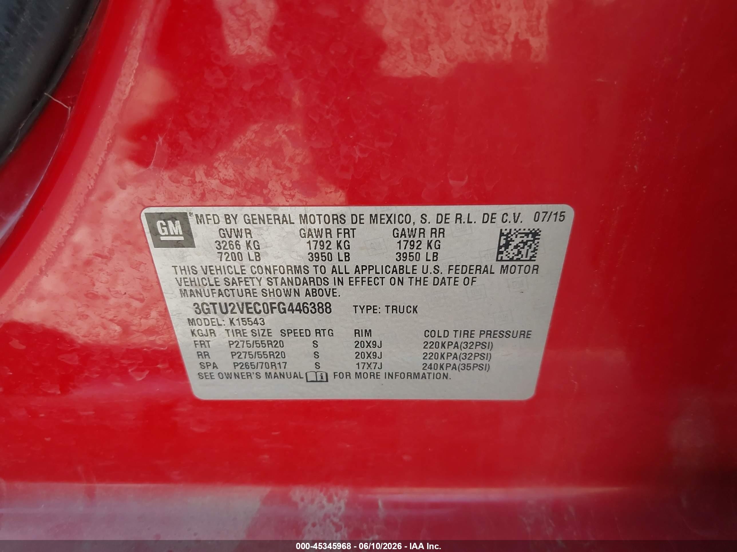2015 Gmc Sierra 1500 Slt Red vin: 3GTU2VEC0FG446388