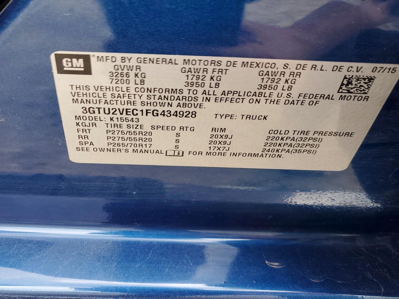 2015 Gmc Sierra K1500 Slt Blue vin: 3GTU2VEC1FG434928