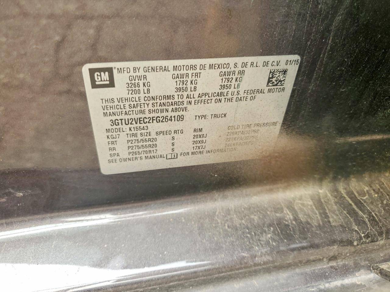 2015 Gmc Sierra K1500 Slt Charcoal vin: 3GTU2VEC2FG264109