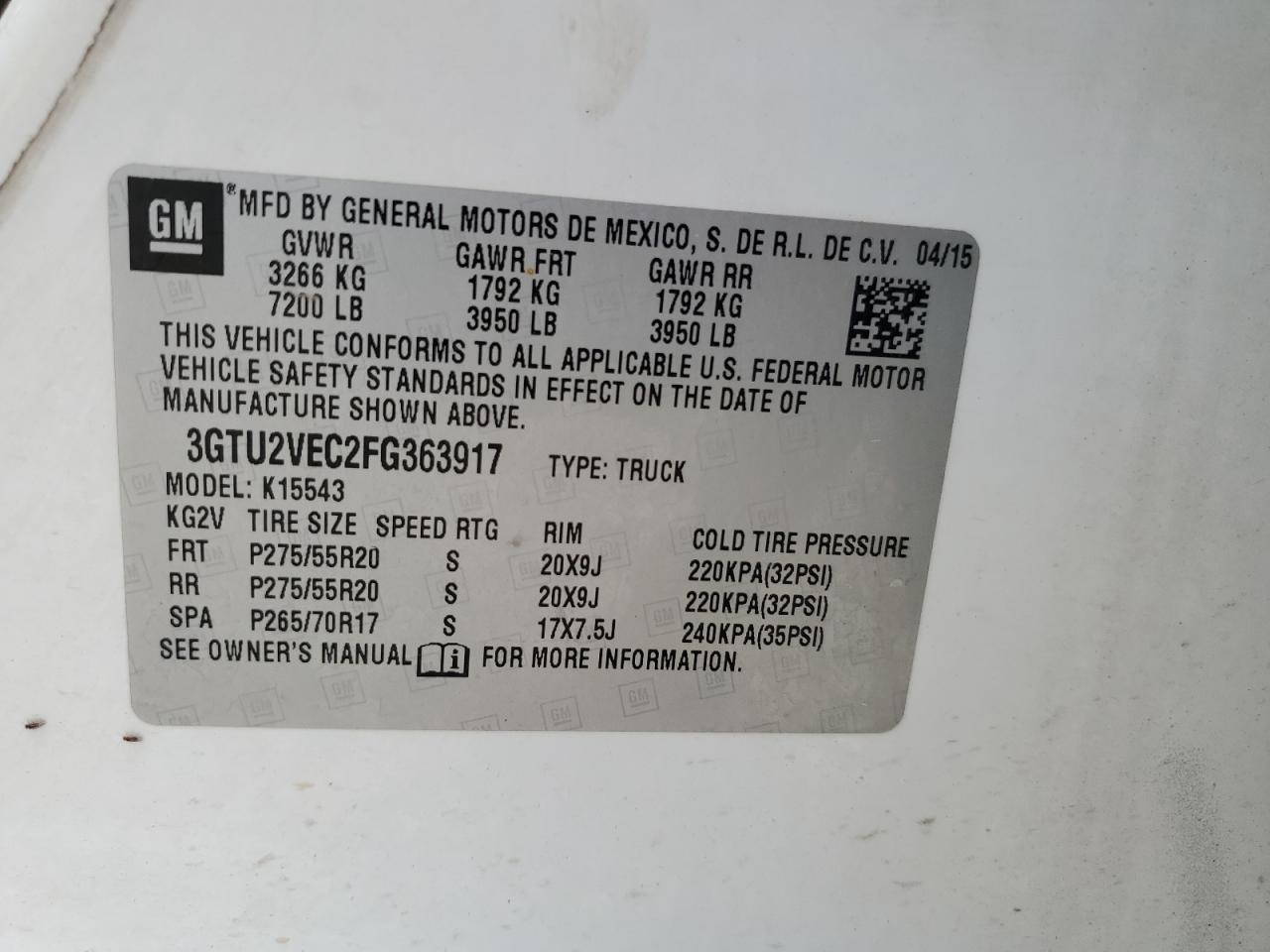 2015 Gmc Sierra K1500 Slt White vin: 3GTU2VEC2FG363917