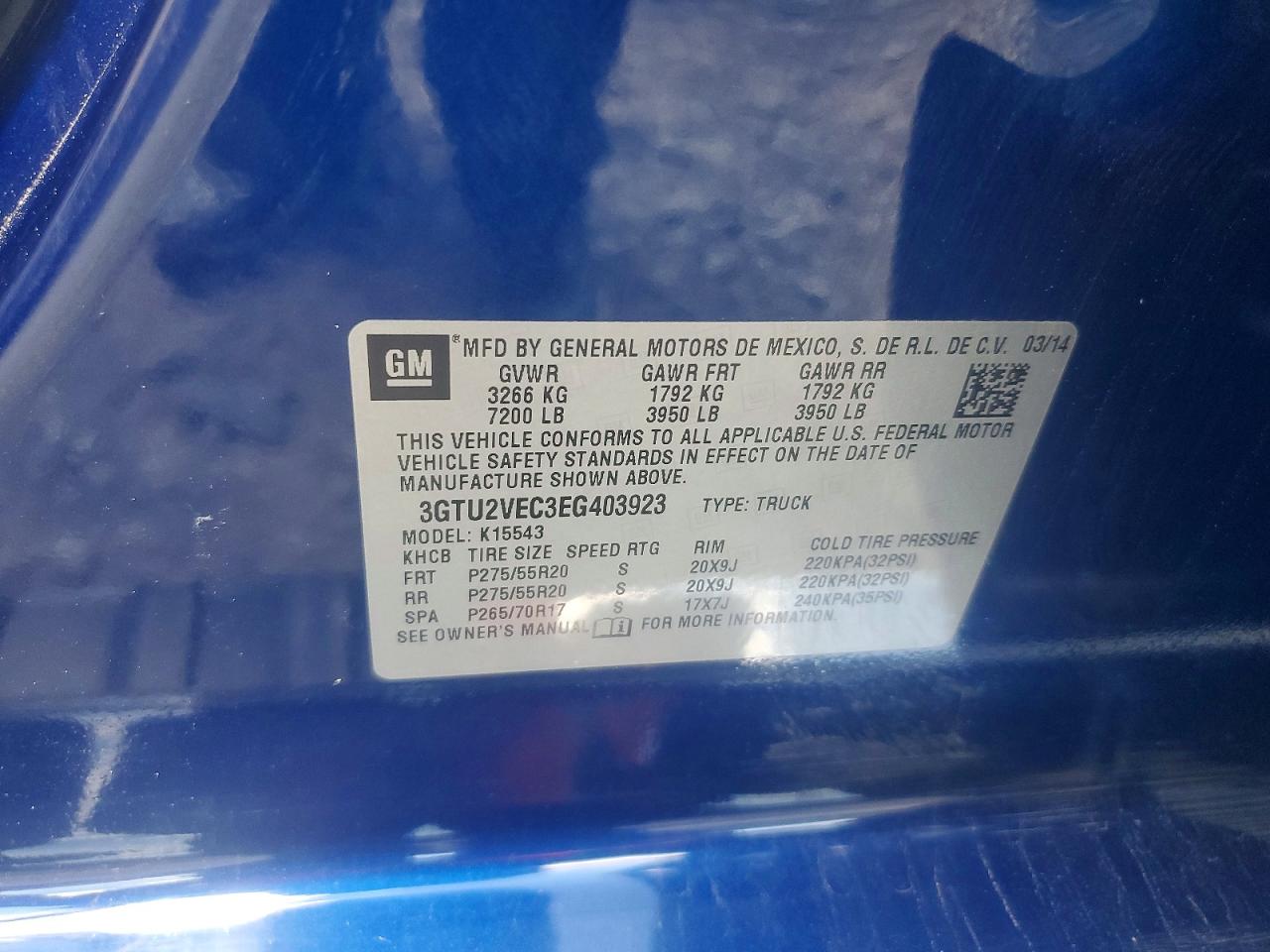 2014 Gmc Sierra K1500 Slt Blue vin: 3GTU2VEC3EG403923