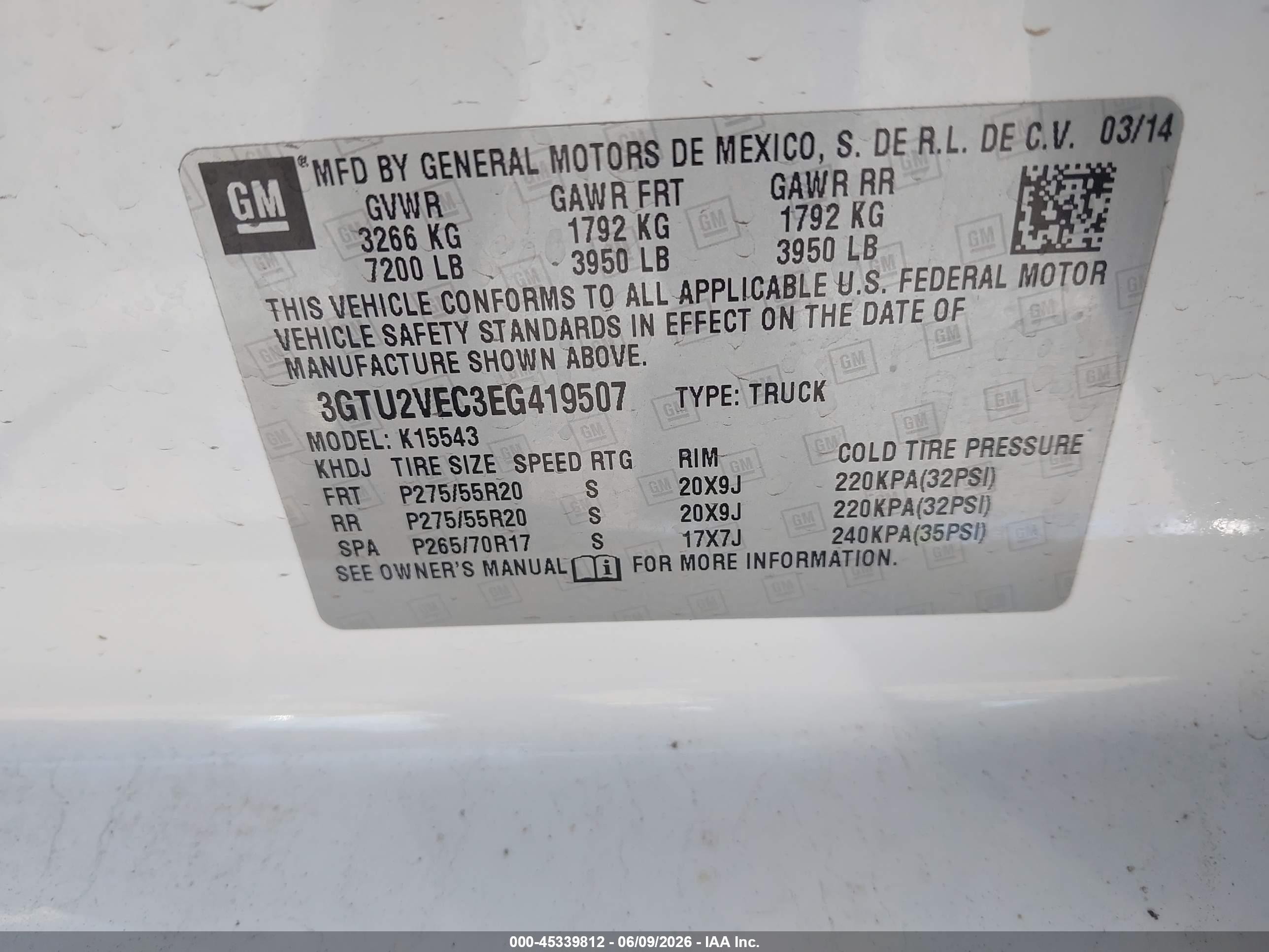 2014 Gmc Sierra 1500 Slt White vin: 3GTU2VEC3EG419507