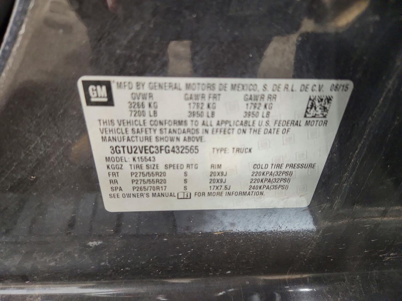 2015 Gmc Sierra K1500 Slt Charcoal vin: 3GTU2VEC3FG432565