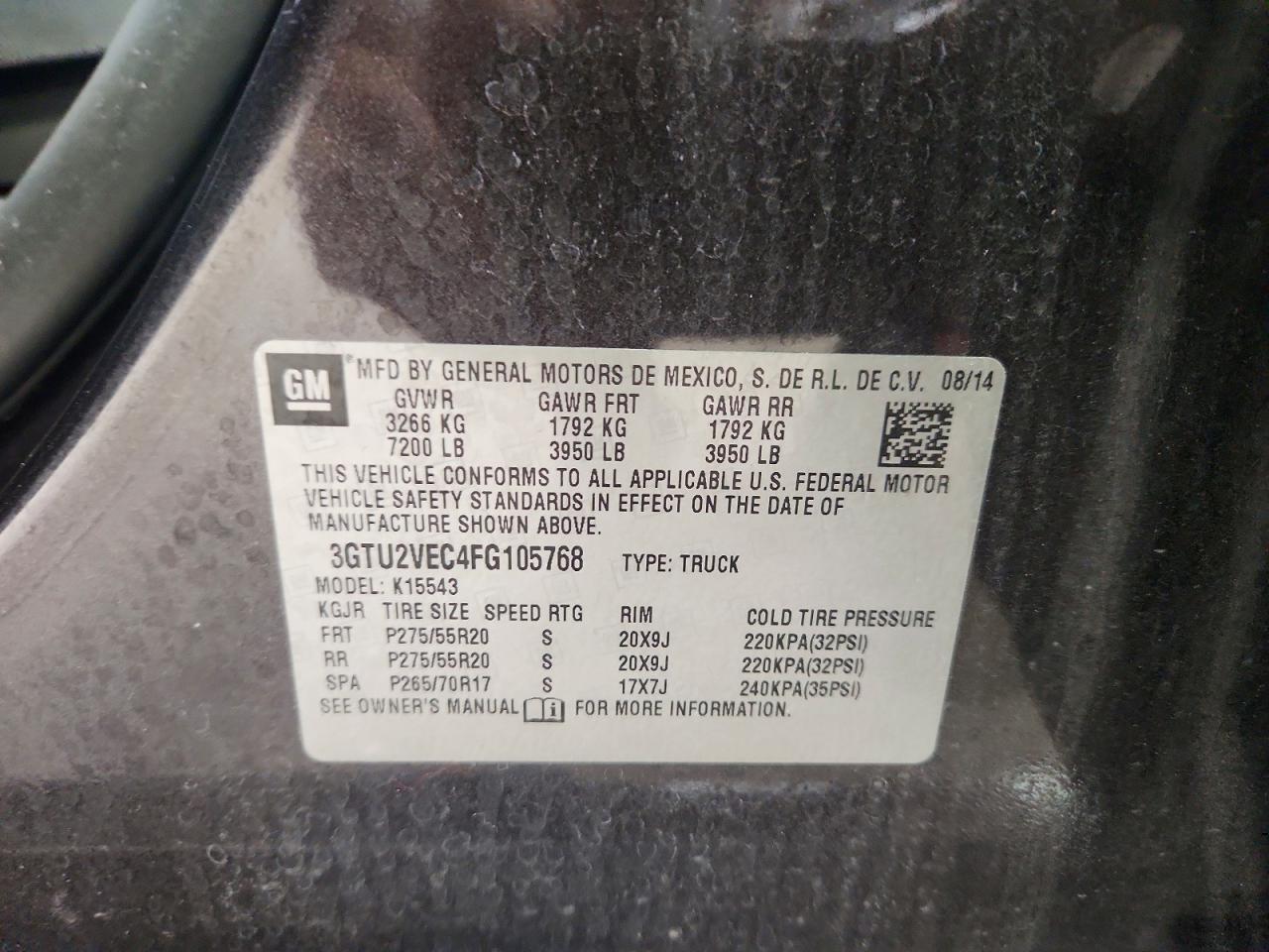 2015 Gmc Sierra K1500 Slt Charcoal vin: 3GTU2VEC4FG105768
