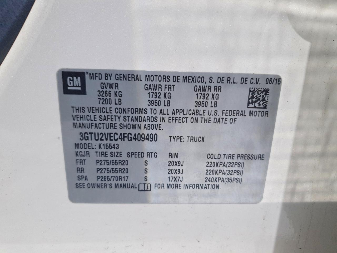 2015 Gmc Sierra K1500 Slt White vin: 3GTU2VEC4FG409490
