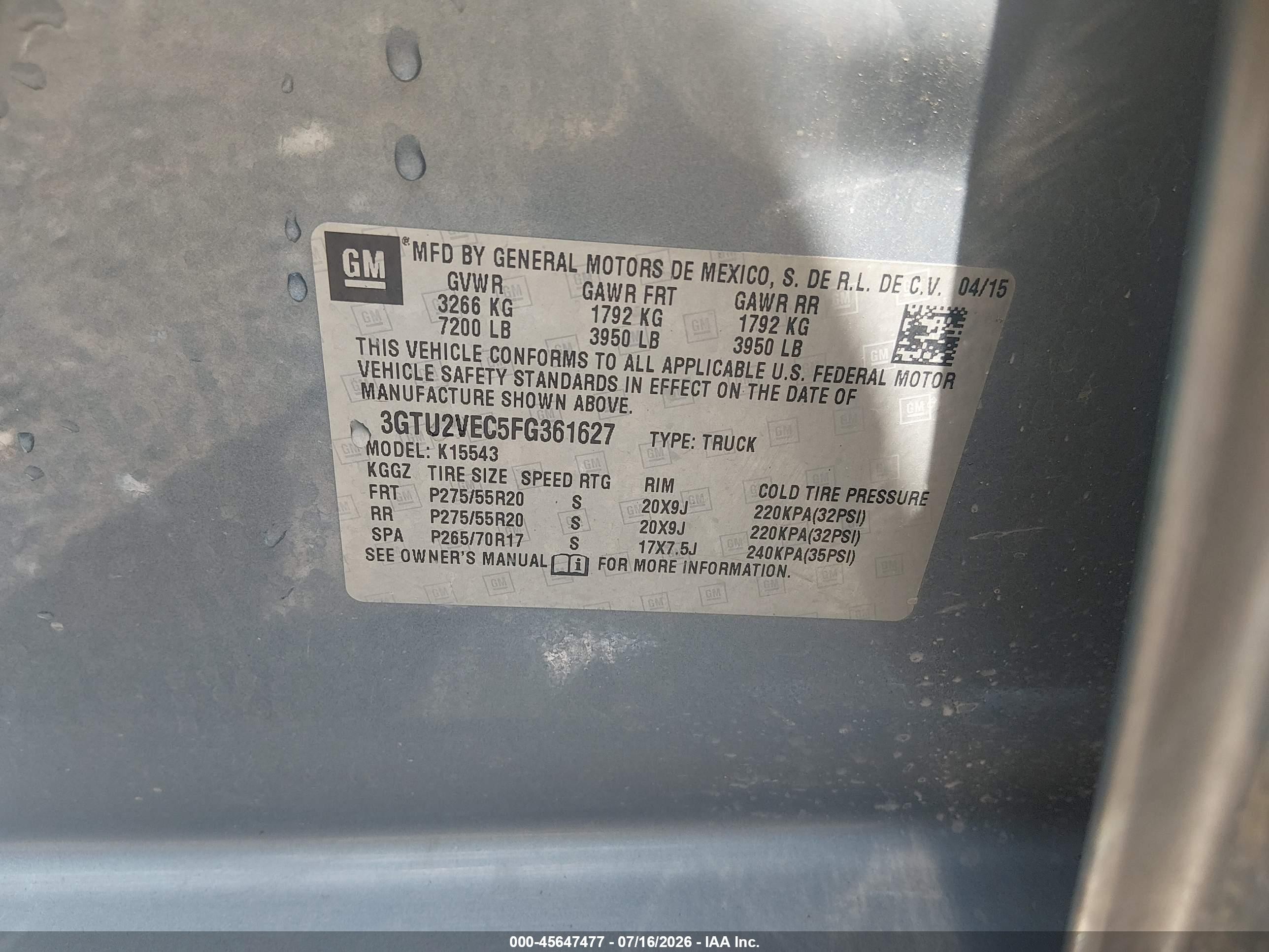 2015 Gmc Sierra 1500 Slt Light Blue vin: 3GTU2VEC5FG361627