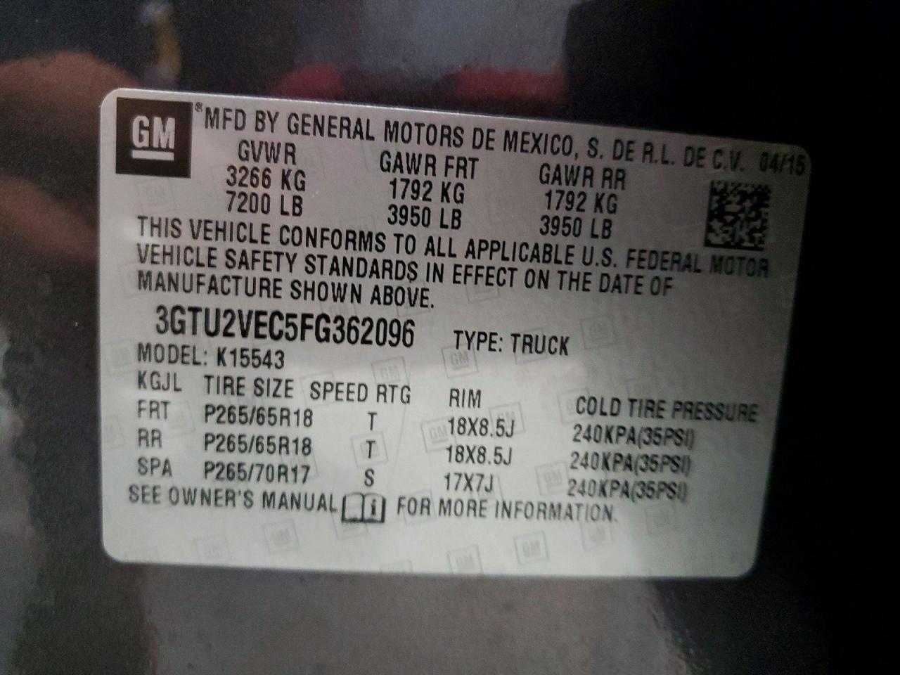 2015 Gmc Sierra K1500 Slt Gray vin: 3GTU2VEC5FG362096