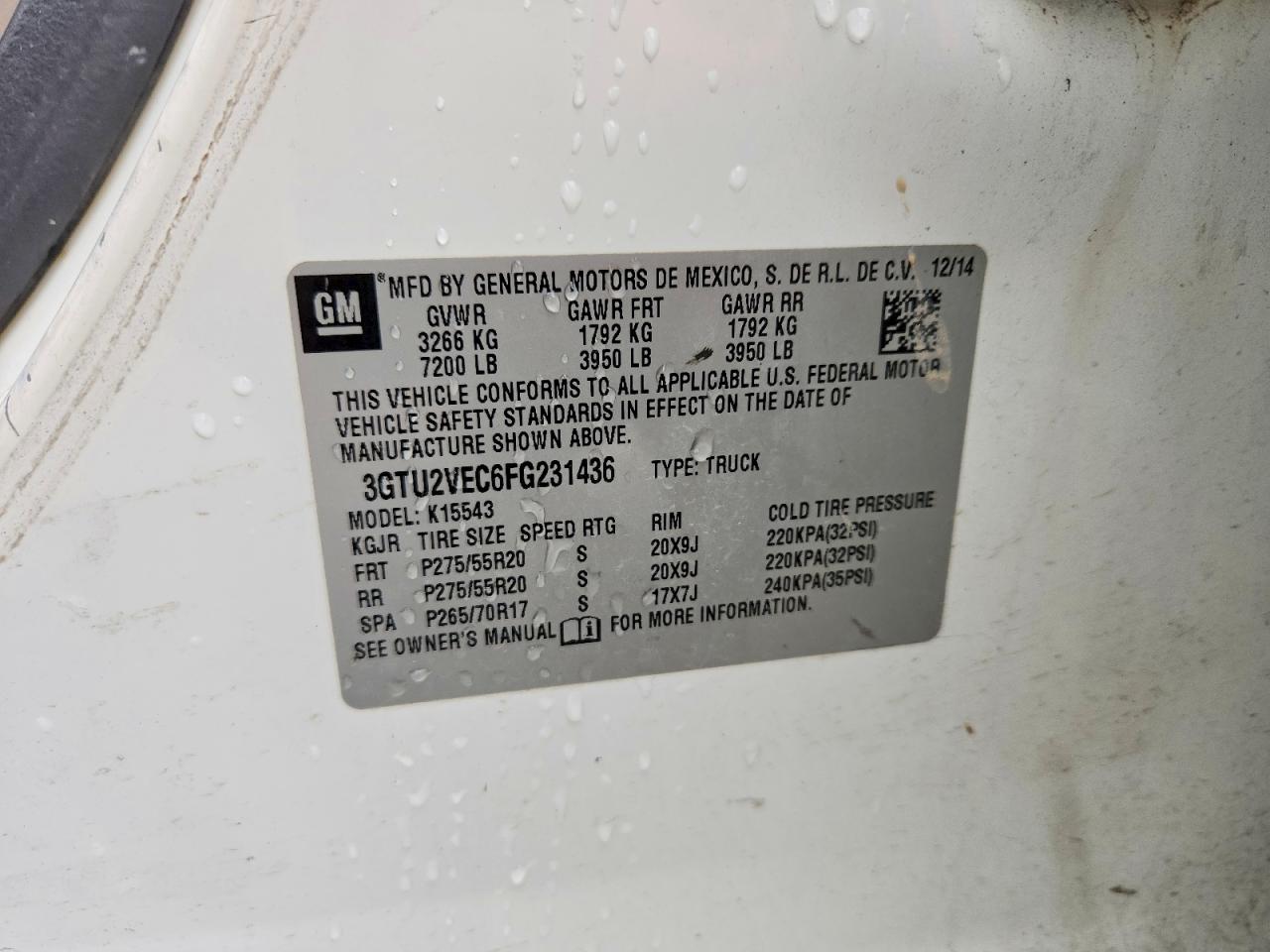 2015 Gmc Sierra K1500 Slt White vin: 3GTU2VEC6FG231436