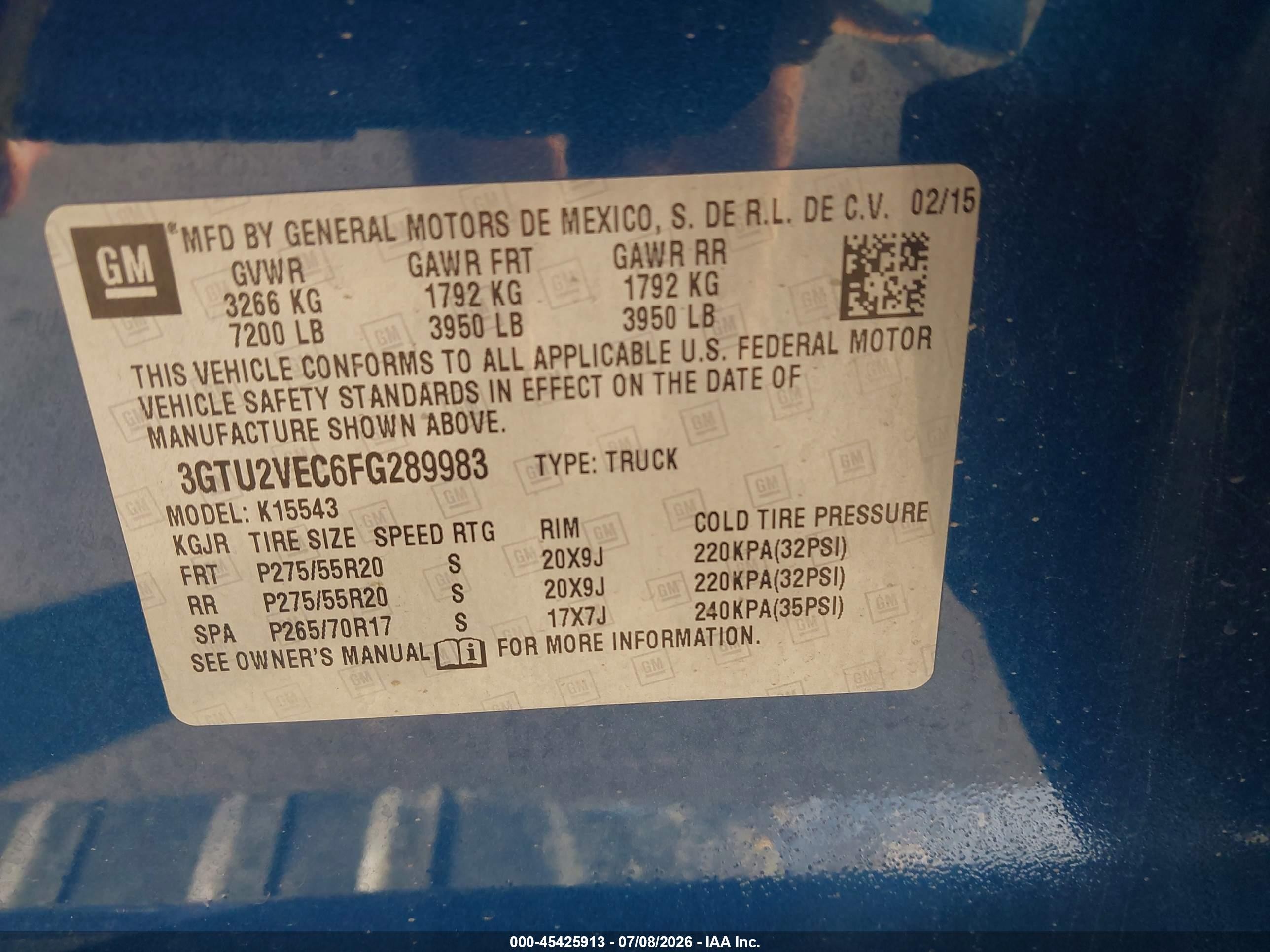 2015 Gmc Sierra 1500 Slt Blue vin: 3GTU2VEC6FG289983