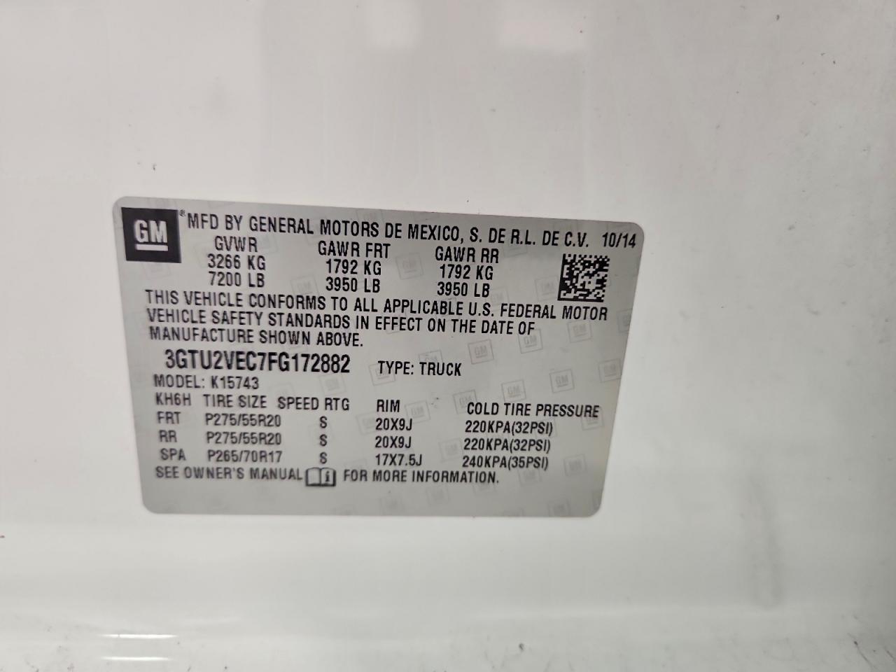 2015 Gmc Siera15004wd White vin: 3GTU2VEC7FG172882