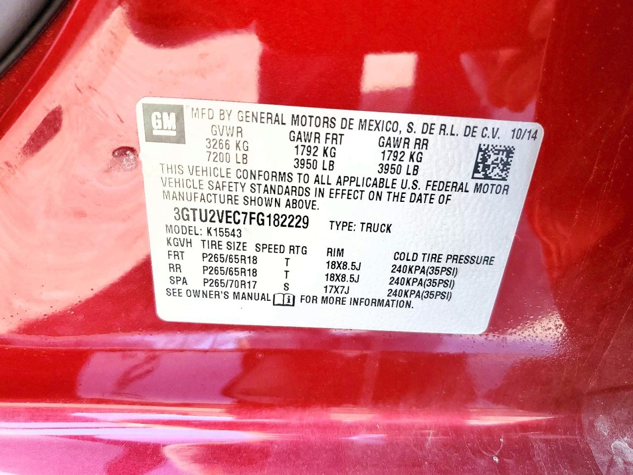 2015 Gmc Sierra K1500 Slt Red vin: 3GTU2VEC7FG182229