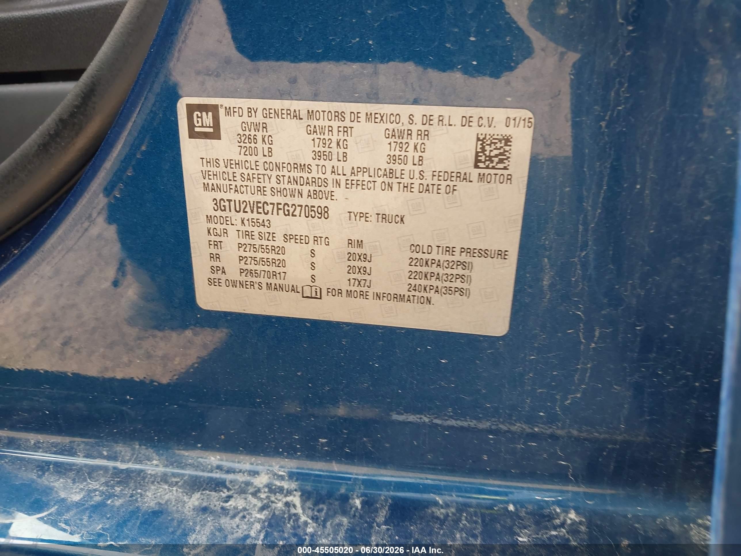 2015 Gmc Sierra 1500 Slt Blue vin: 3GTU2VEC7FG270598