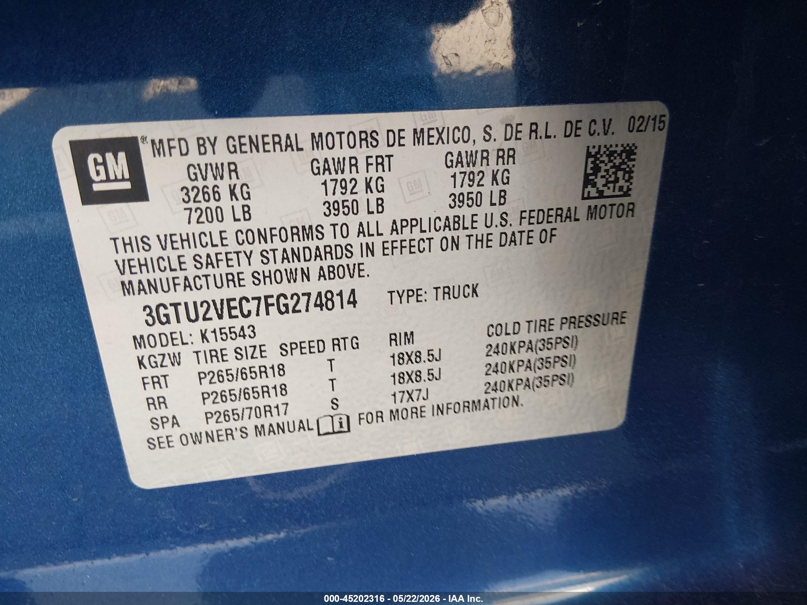 2015 Gmc Sierra 1500 Slt Blue vin: 3GTU2VEC7FG274814