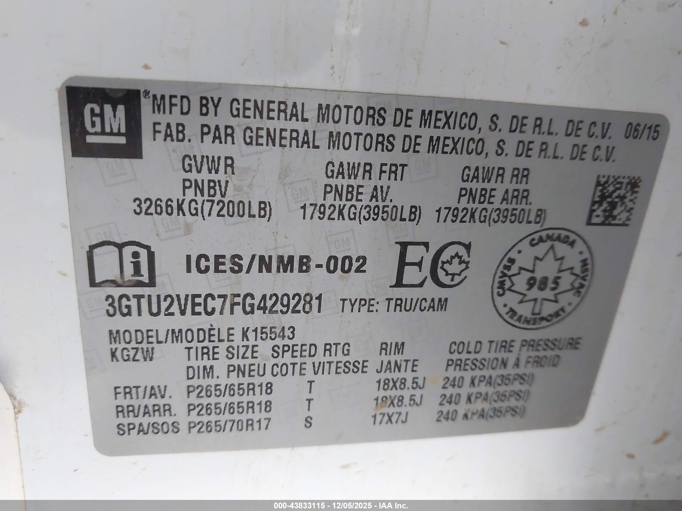 2015 Gmc Sierra 1500 Slt White vin: 3GTU2VEC7FG429281