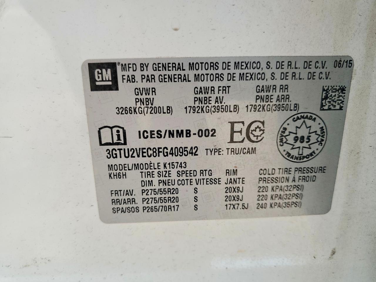 2015 Gmc Sierra K1500 Slt White vin: 3GTU2VEC8FG409542