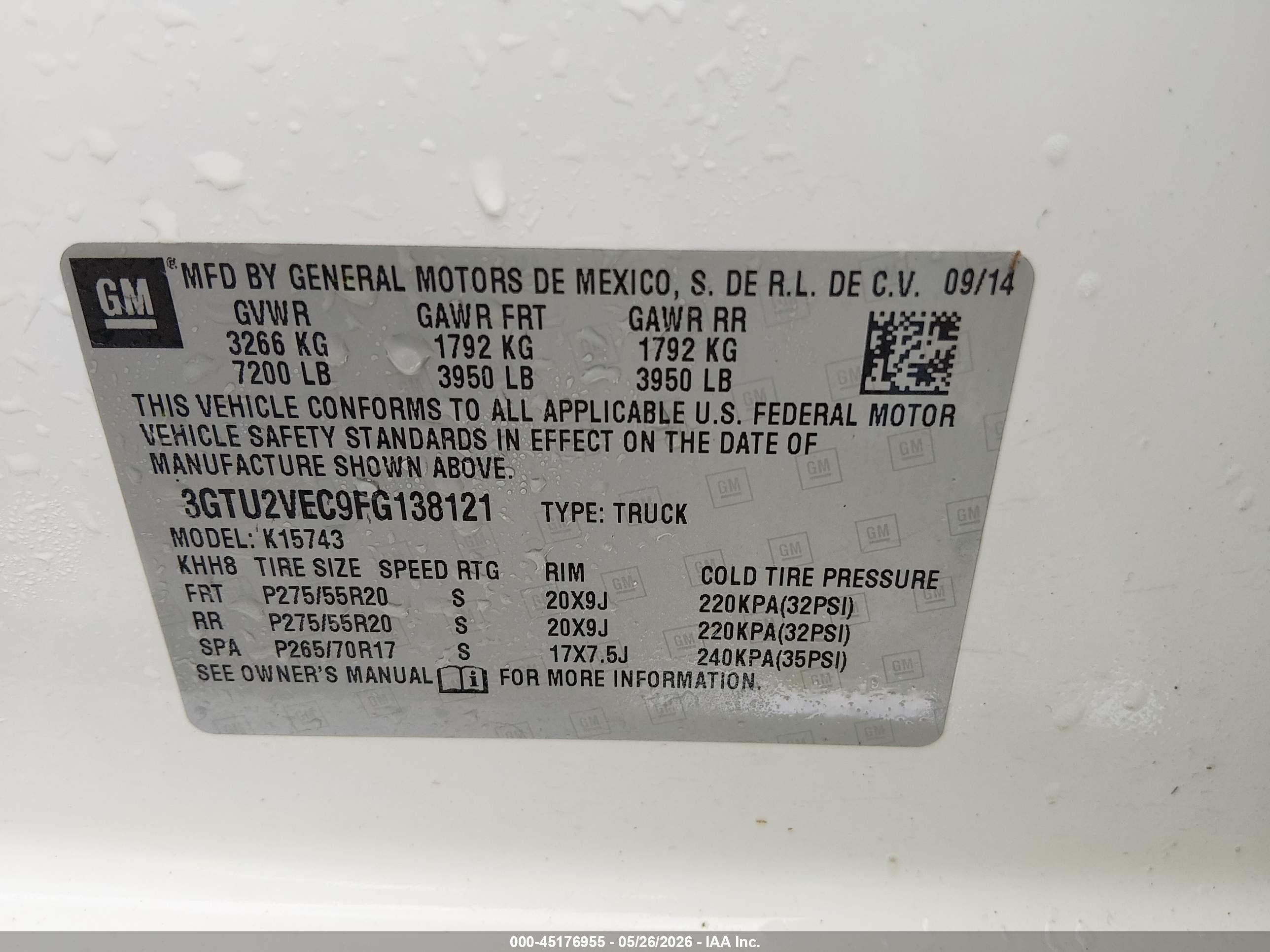 2015 Gmc Sierra 1500 Slt White vin: 3GTU2VEC9FG138121