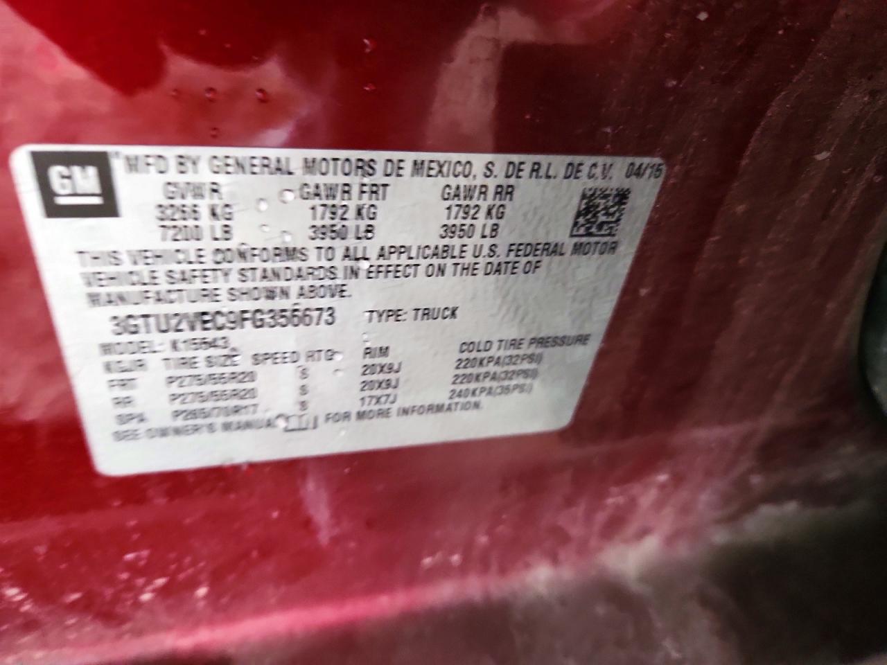 2015 Gmc Sierra K1500 Slt Burgundy vin: 3GTU2VEC9FG356673