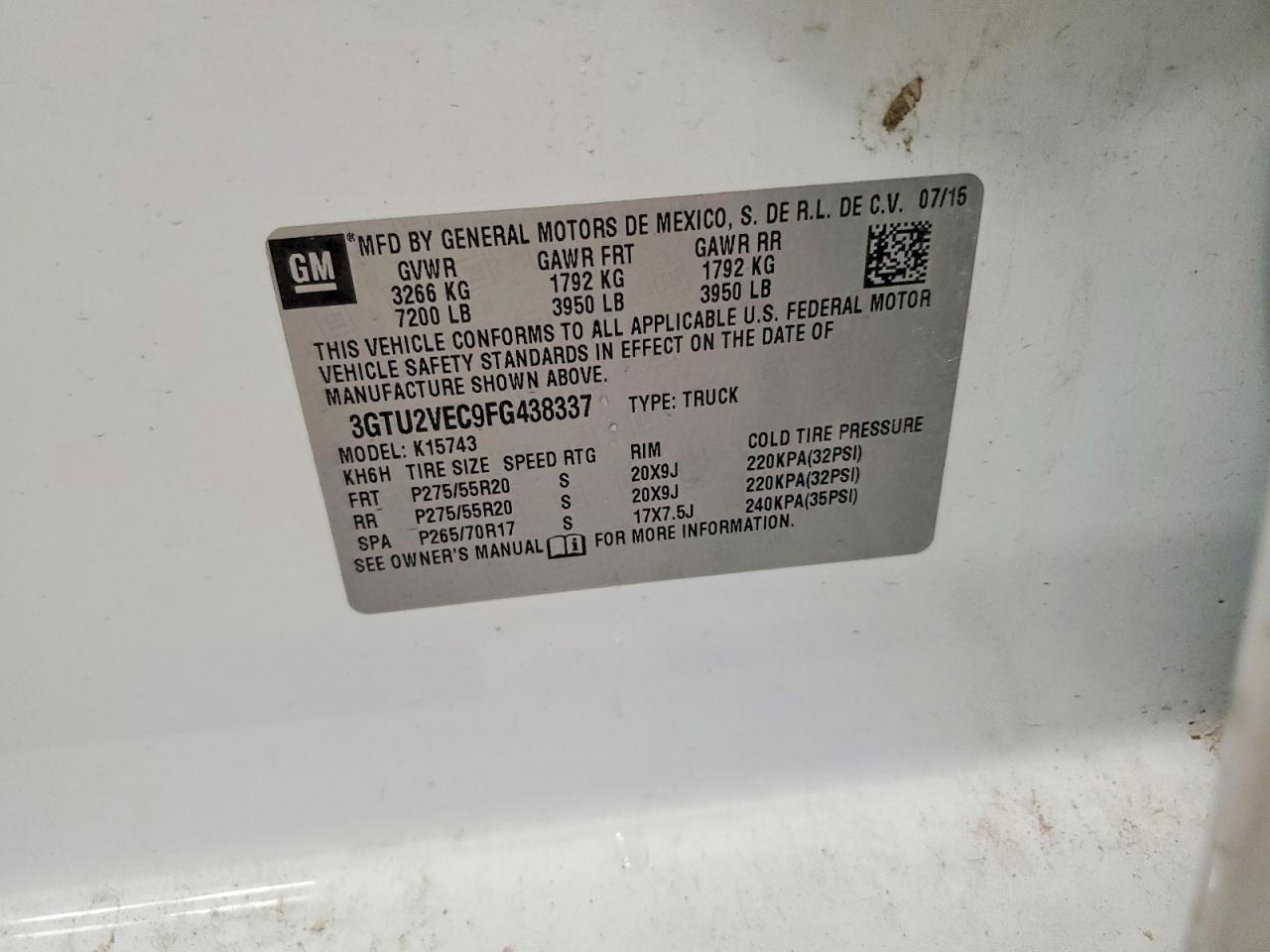 2015 Gmc Sierra K1500 Slt White vin: 3GTU2VEC9FG438337