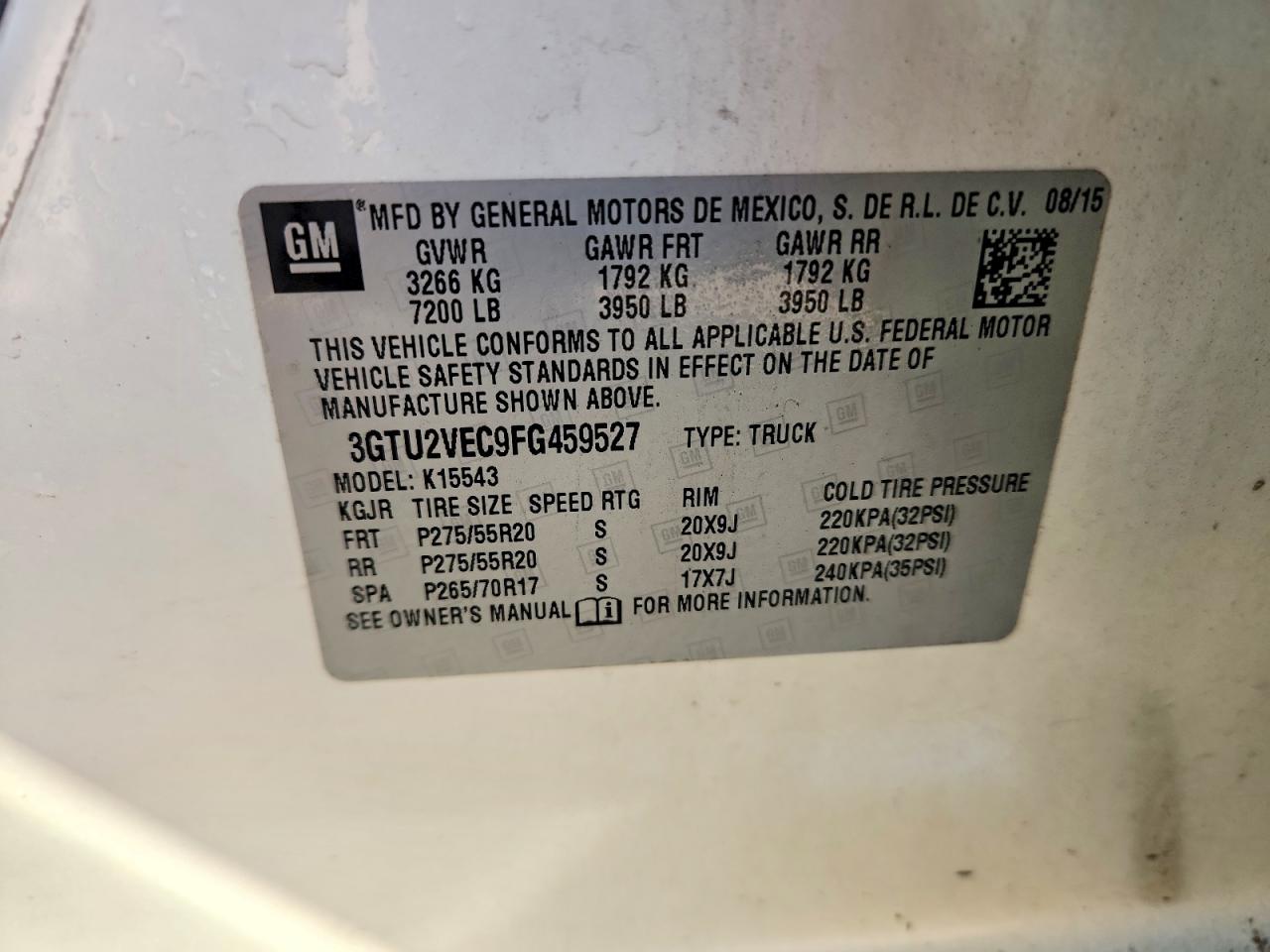 2015 Gmc Sierra K1500 Slt Белый vin: 3GTU2VEC9FG459527
