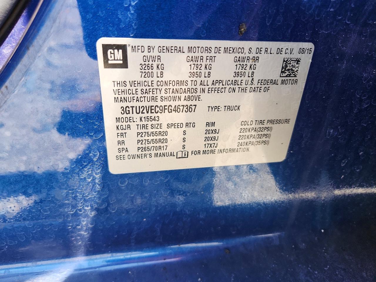 2015 Gmc Sierra K1500 Slt Blue vin: 3GTU2VEC9FG467367
