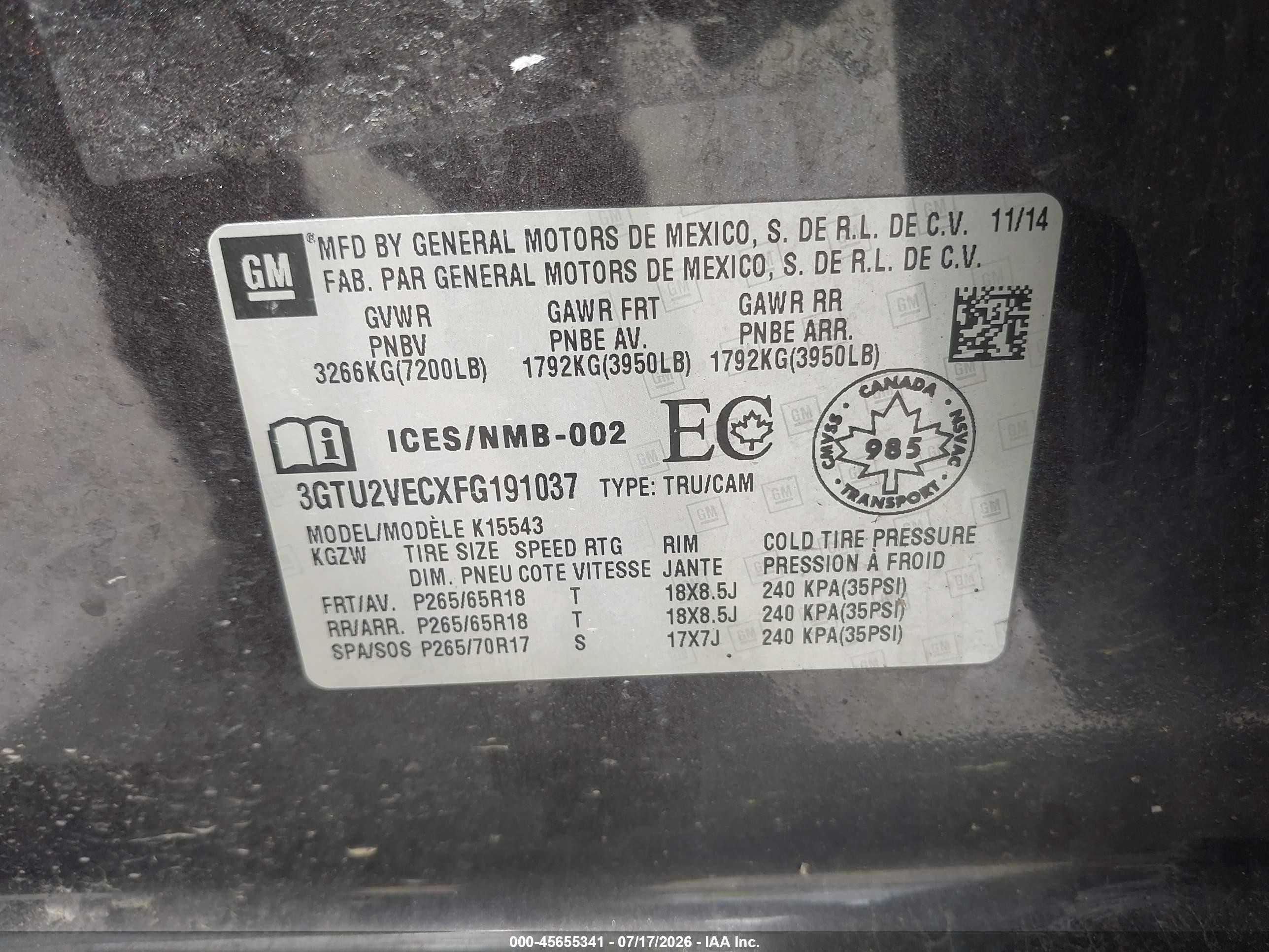 2015 Gmc Sierra 1500 Slt Gray vin: 3GTU2VECXFG191037