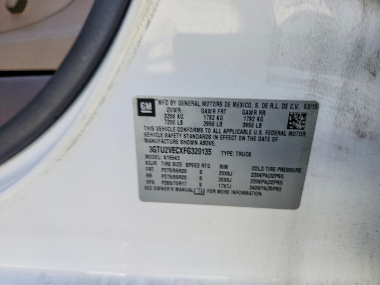 2015 Gmc Sierra K1500 Slt White vin: 3GTU2VECXFG320135