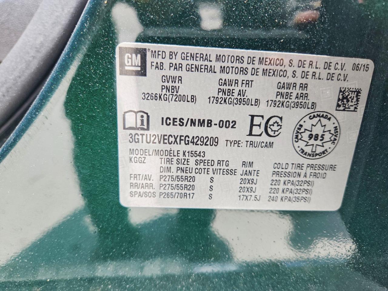 2015 Gmc Sierra K1500 Slt Green vin: 3GTU2VECXFG429209