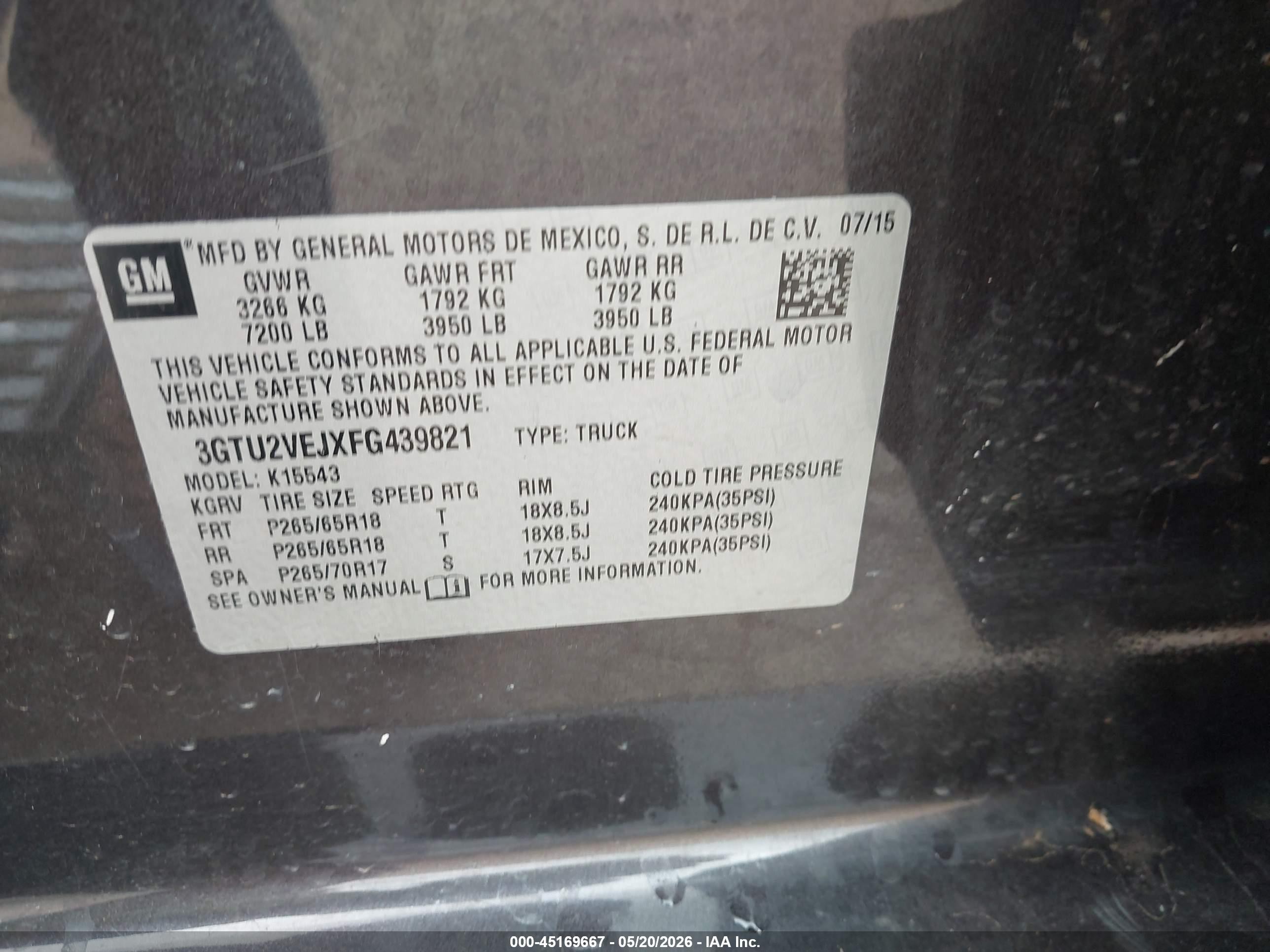 2015 Gmc Sierra 1500 Slt Серый vin: 3GTU2VEJXFG439821