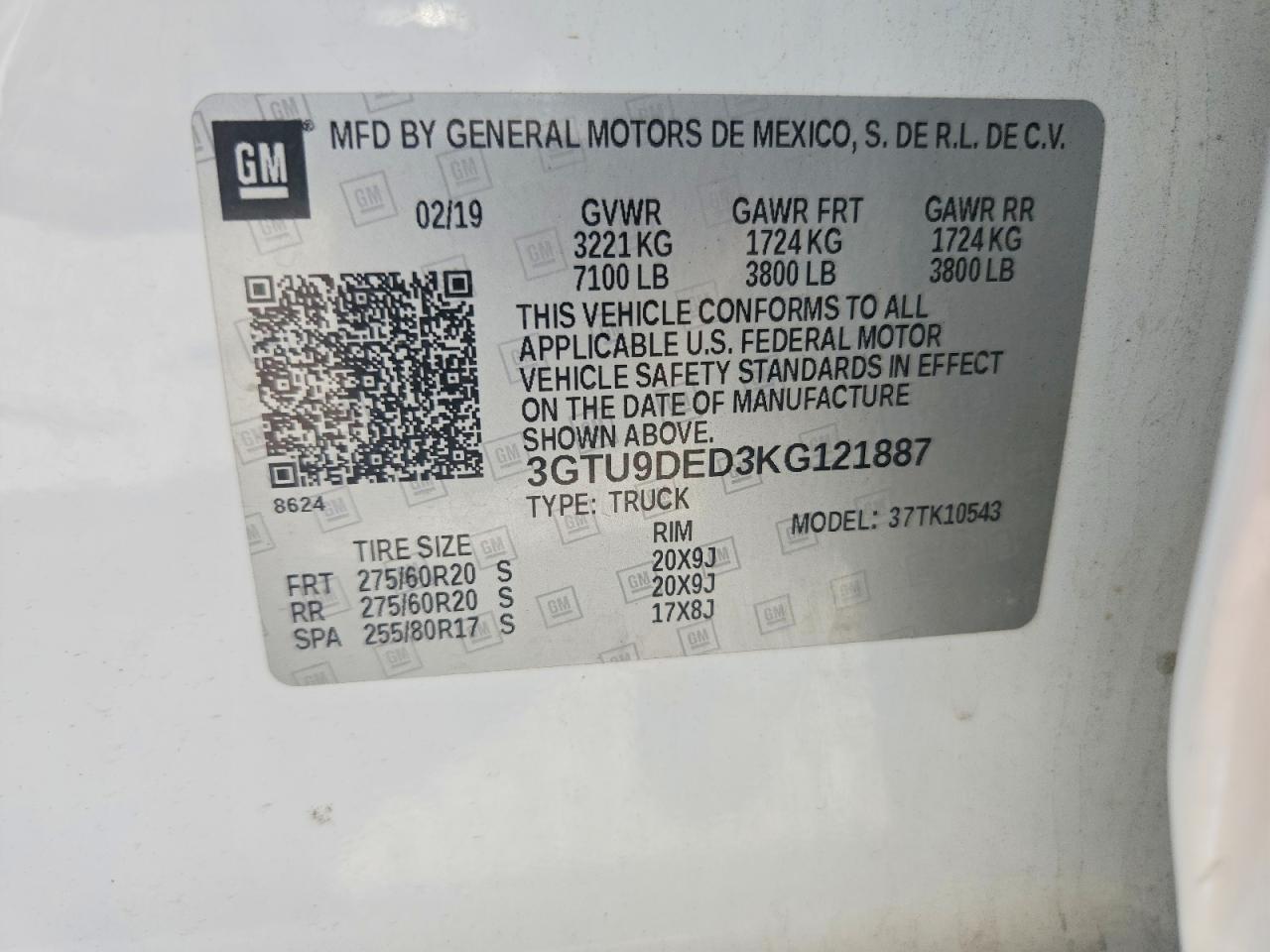 2019 Gmc Sierra K1500 Slt White vin: 3GTU9DED3KG121887