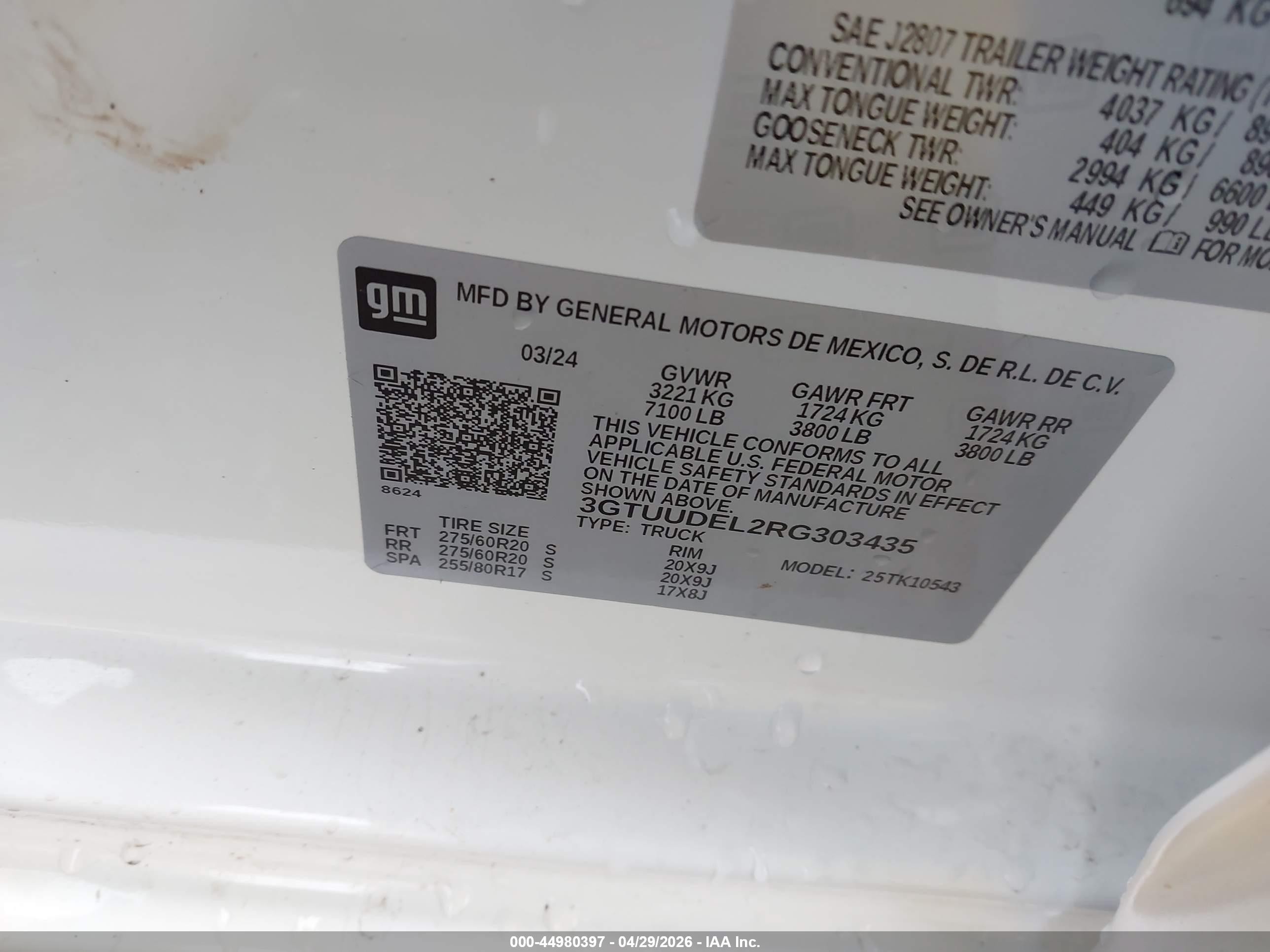 2024 Gmc Sierra 1500   White vin: 3GTUUDEL2RG303435