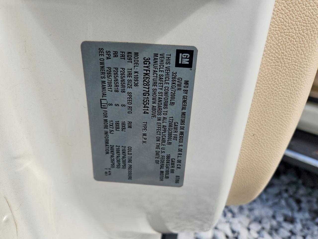 2007 Cadillac Escalade Ext White vin: 3GYFK62877G155414