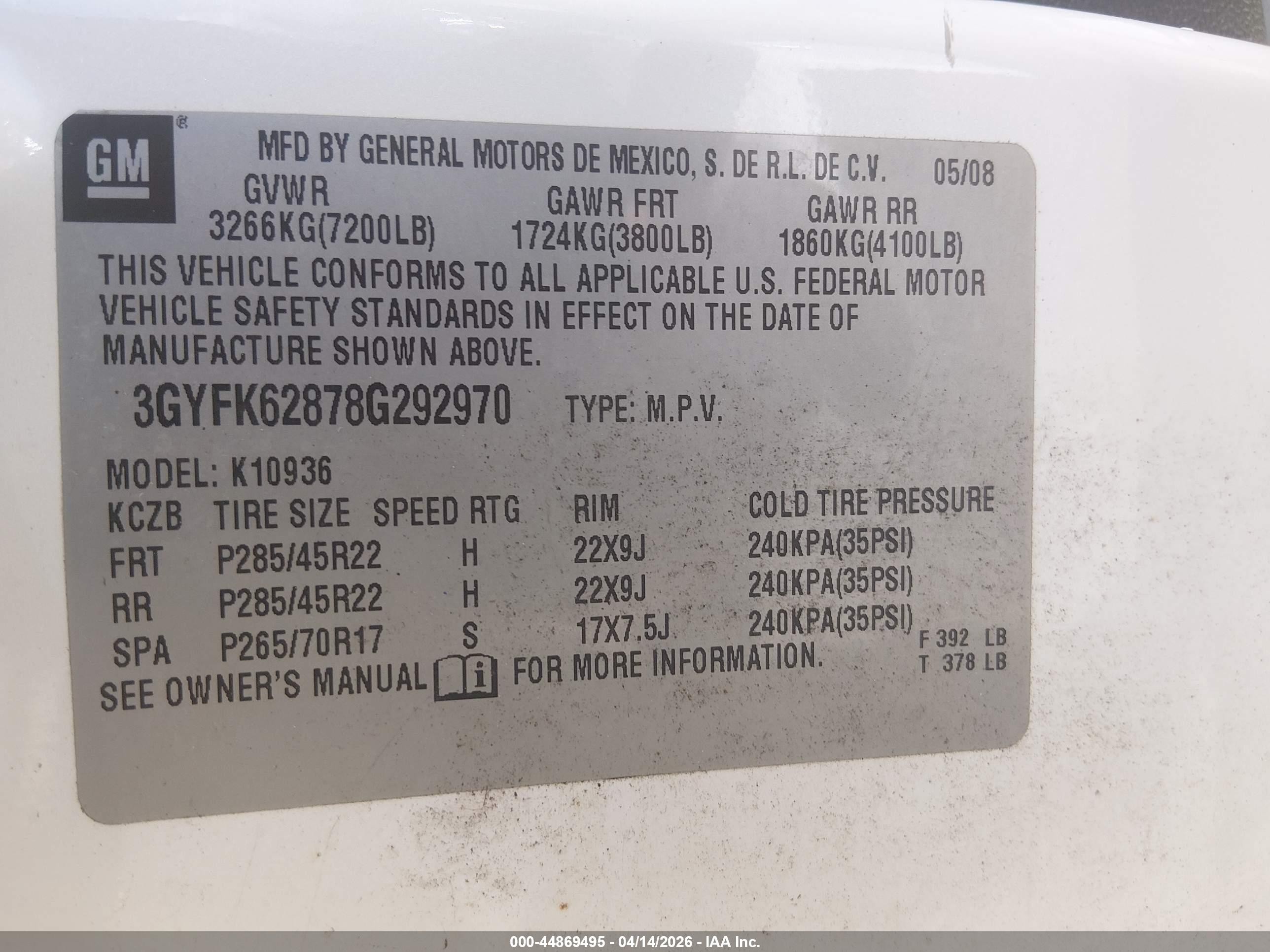 2008 Cadillac Escalade Ext Standard White vin: 3GYFK62878G292970
