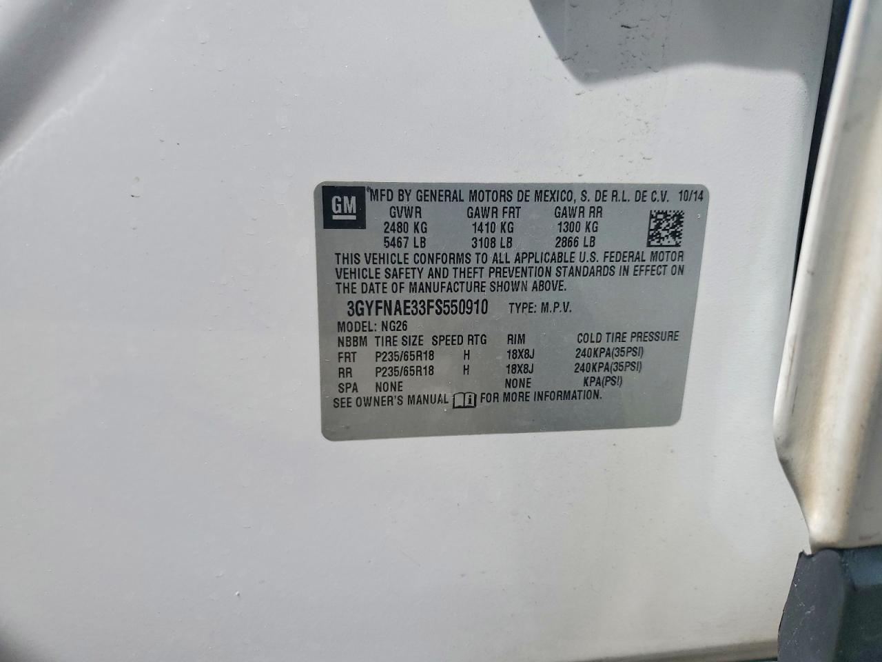 2015 Cadillac Srx Белый vin: 3GYFNAE33FS550910