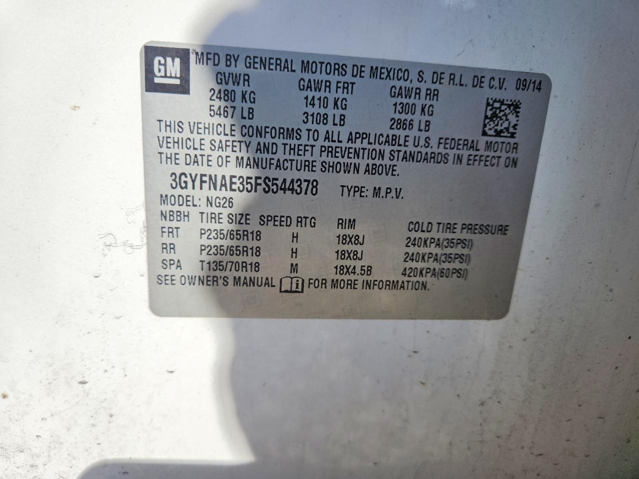 2015 Cadillac Srx White vin: 3GYFNAE35FS544378