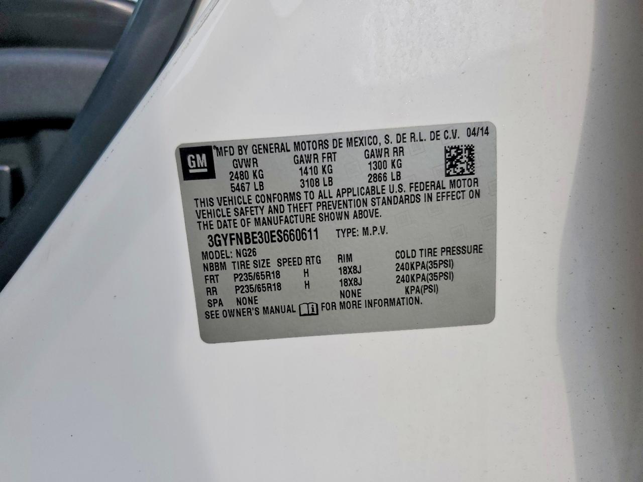 2014 Cadillac Srx Luxury Collection White vin: 3GYFNBE30ES660611
