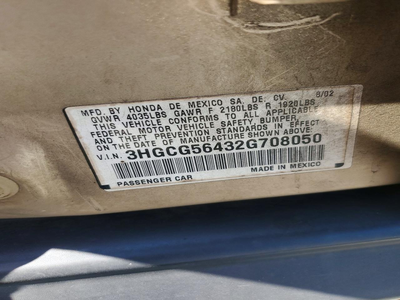 2002 Honda Accord Lx Gold vin: 3HGCG56432G708050