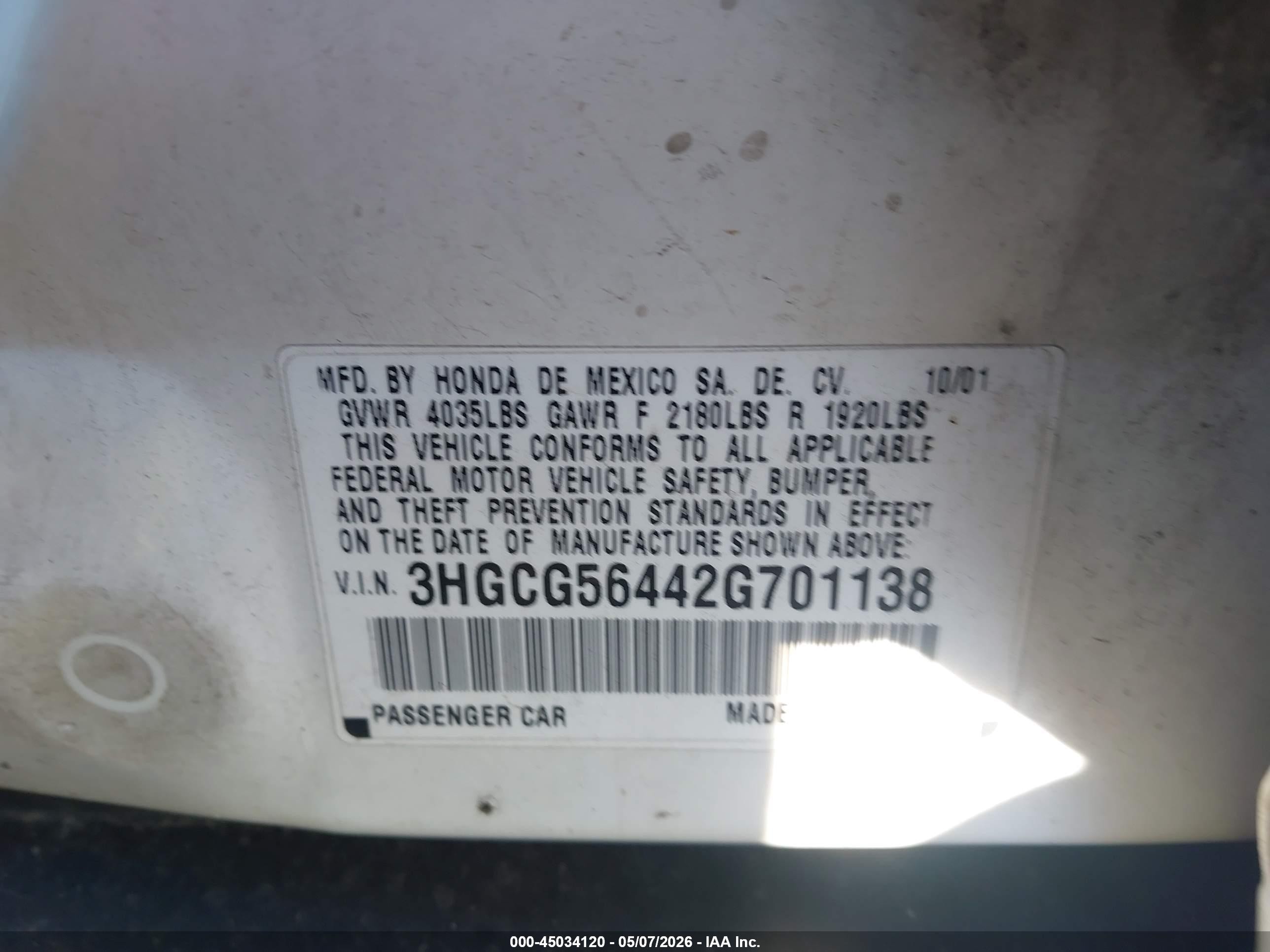 2002 Honda Accord 2.3 Lx Белый vin: 3HGCG56442G701138