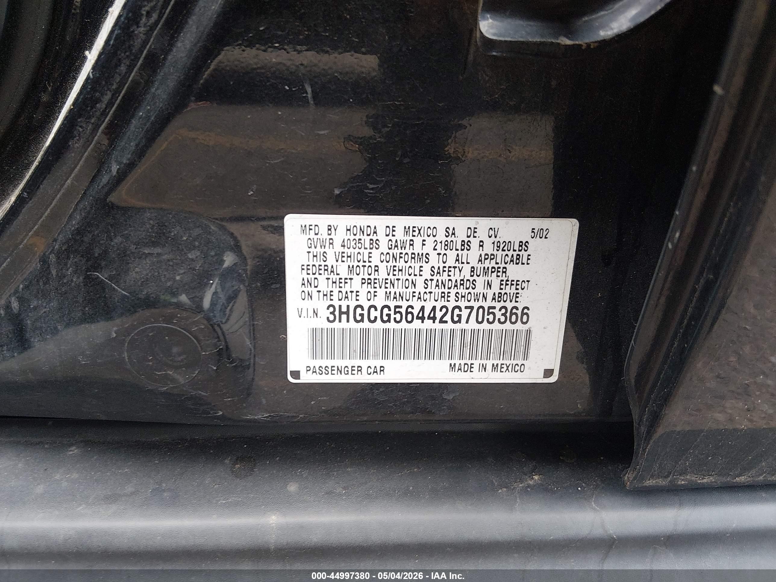 2002 Honda Accord 2.3 Lx Черный vin: 3HGCG56442G705366